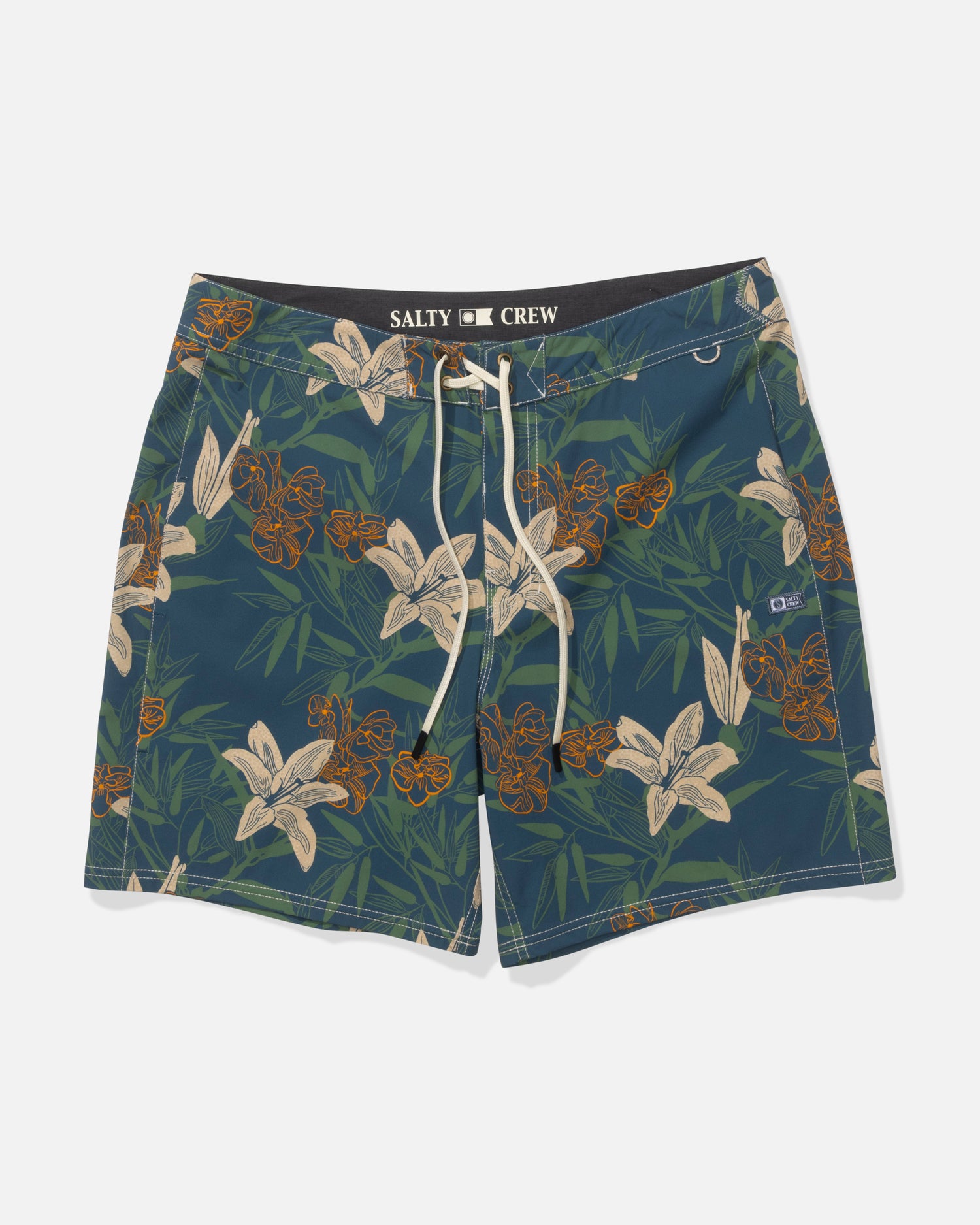 The Salty Crew Channel Boardshort in Cast Blue features a floral print with white lilies and orange flowers, white drawstring, quick-dry 4-way stretch fabric, and Salty Crew branding on the inner waistband.