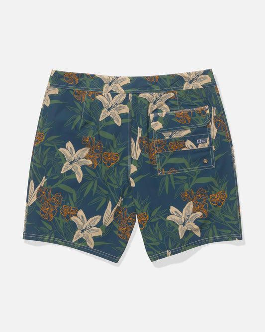 Back view of the Salty Crew Channel 18" Boardshort in Cast Blue, featuring a tropical floral pattern, zipper pocket, white stitching, and comfortable 4-way stretch fabric for style and performance.