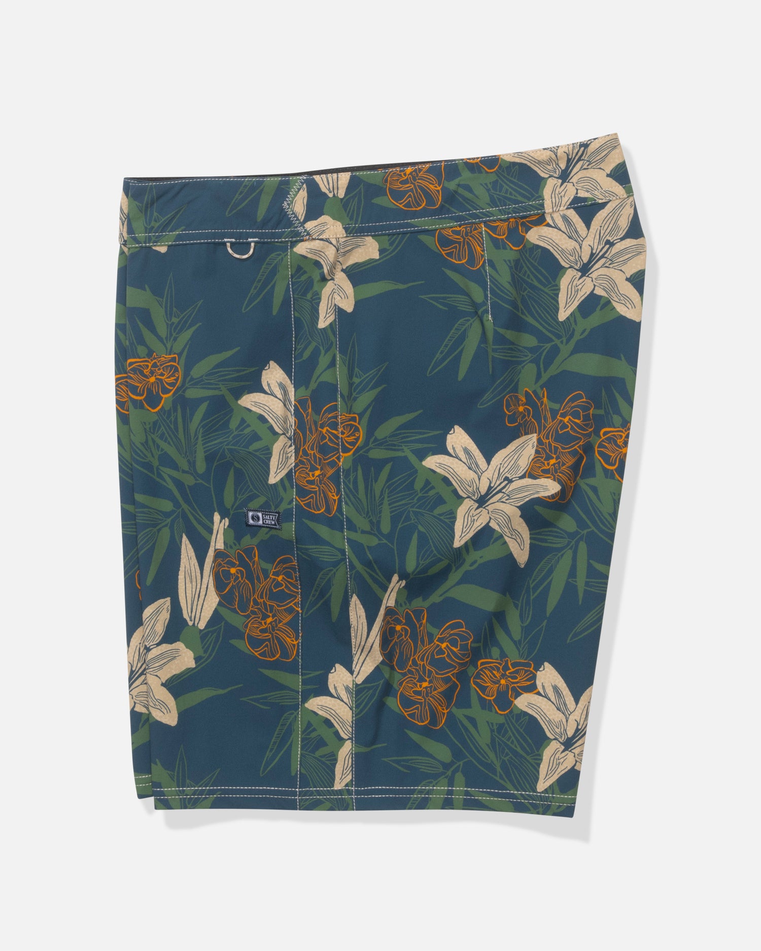 The Salty Crew Channel Boardshort - Cast Blue features a dark teal base with orange and cream lily florals, 4-way stretch fabric, a side zipper pocket, and a small logo tag for comfort and style.
