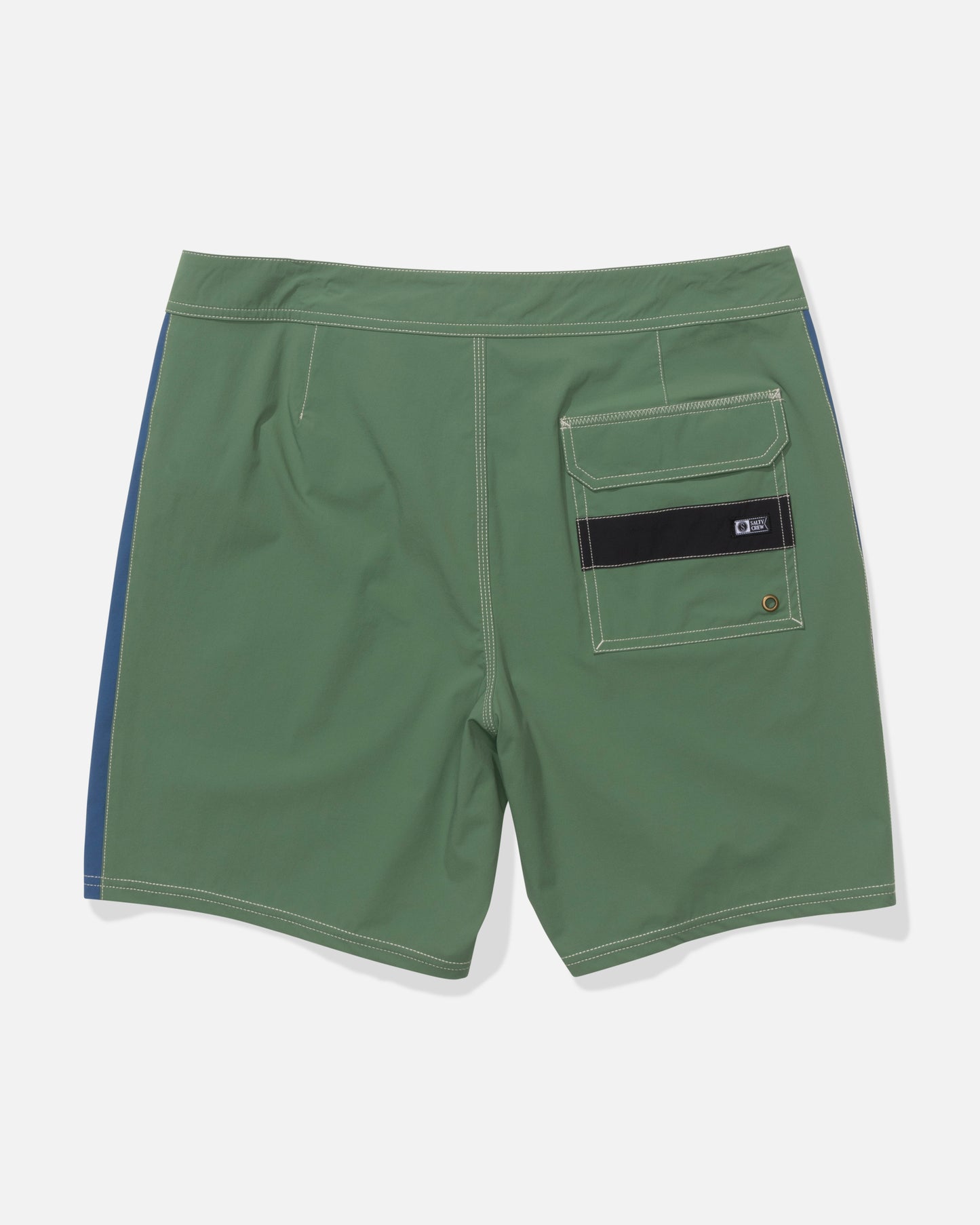 The Salty Crew Channel 18" Boardshort in Mid Green features quick-dry fabric, a back pocket with a black horizontal strap, white stitching, a metal grommet, and a blue side stripe for added style.