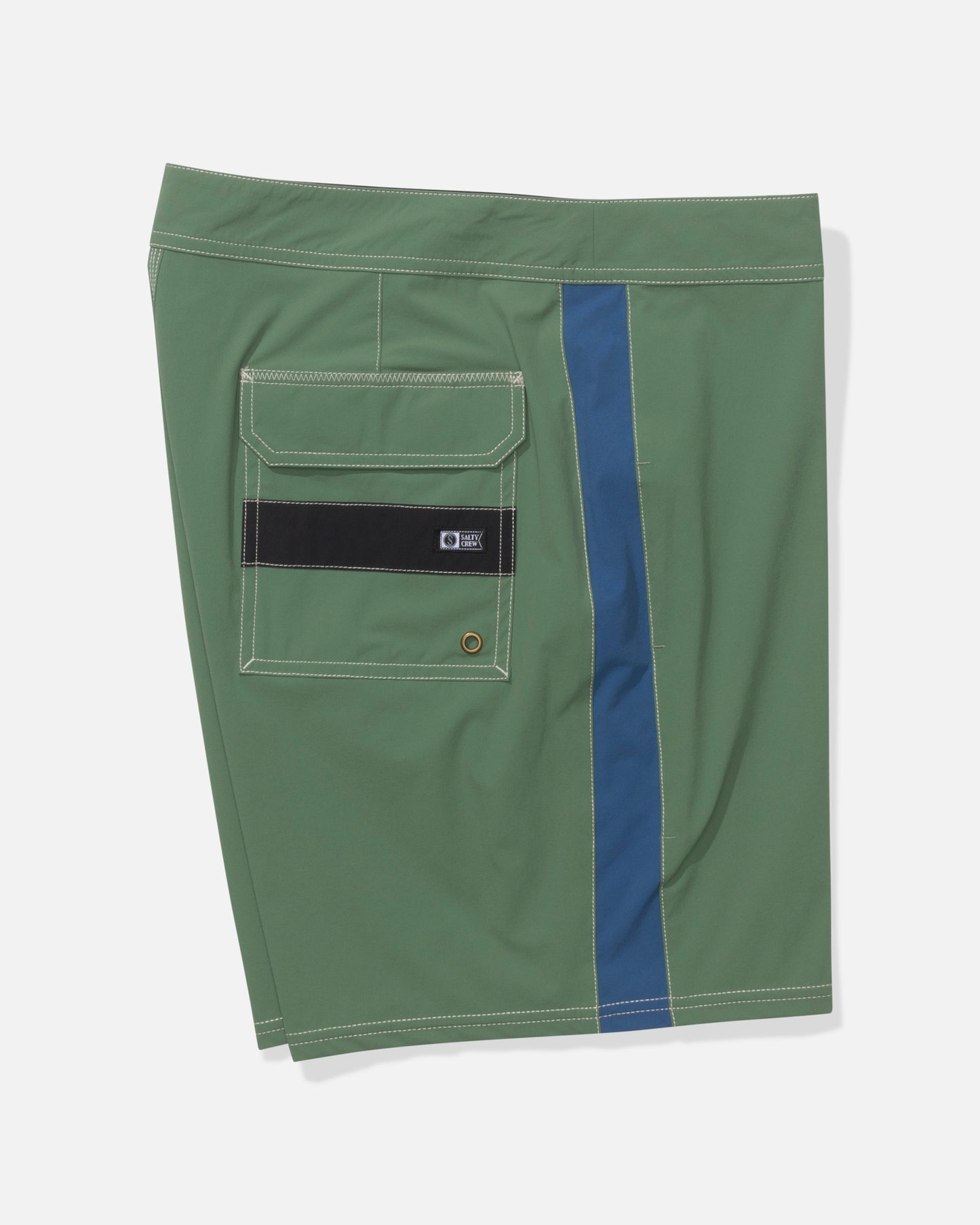 The Salty Crew Channel 18" Boardshort in Mid Green features white stitching, a blue vertical stripe, and a flap back pocket with black accent and drainage grommet. Made from quick-dry 4-way stretch fabric, shown on a white background.