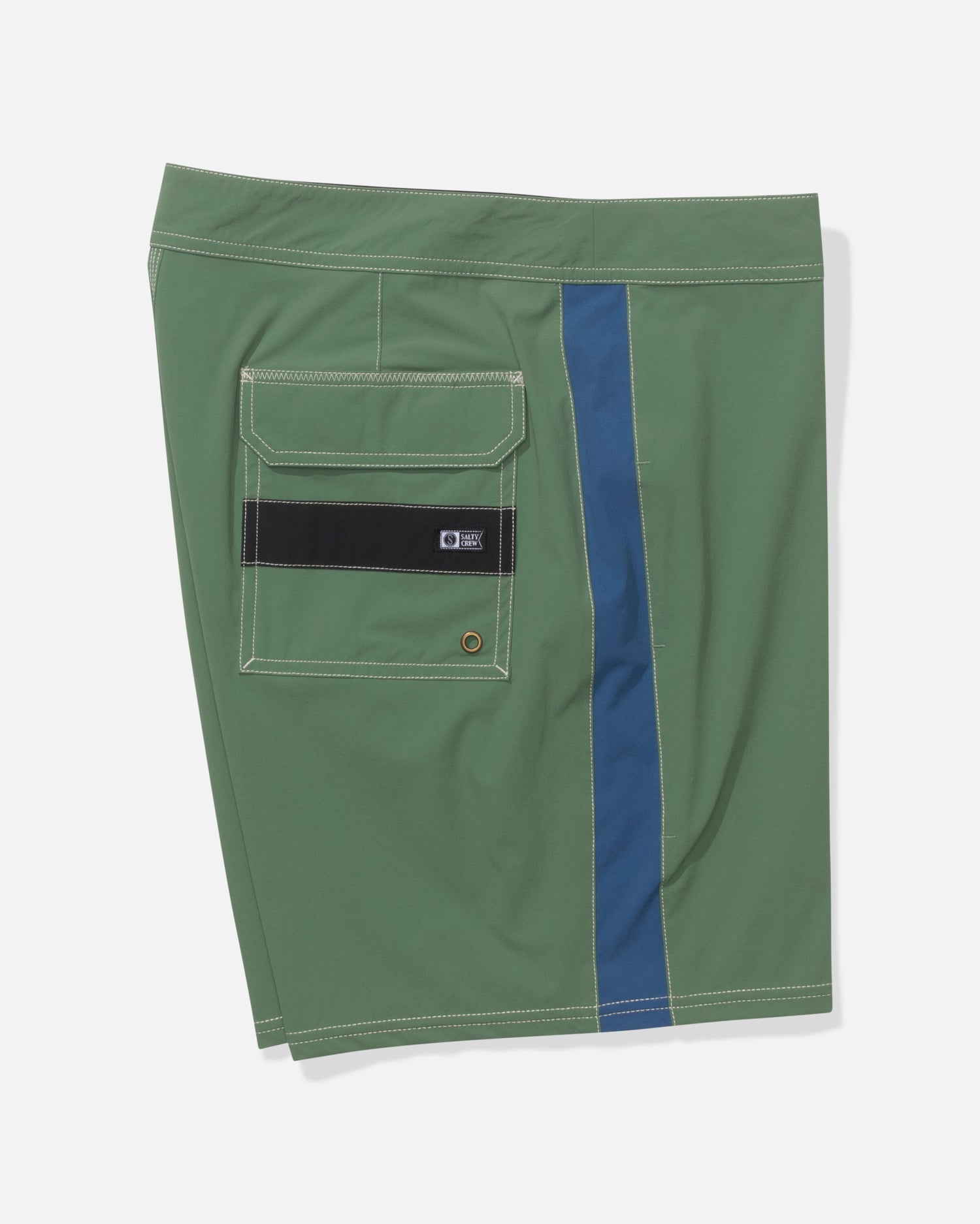 The Salty Crew Channel 18" Boardshort in Mid Green features white stitching, a blue vertical stripe, and a flap back pocket with black accent and drainage grommet. Made from quick-dry 4-way stretch fabric, shown on a white background.