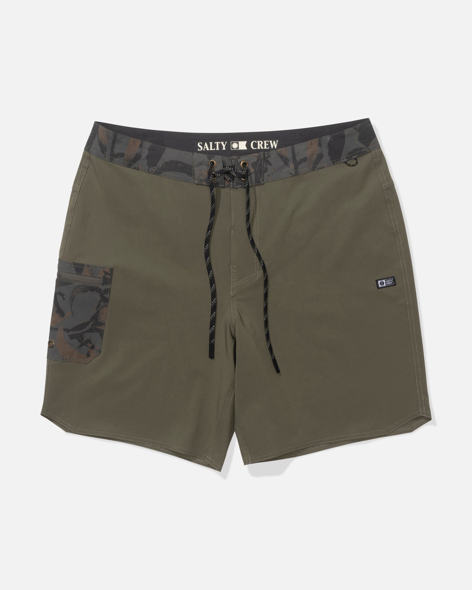 The Salty Crew Session Boardshort in Dusty Olive features a black and green camo waistband and pocket, black drawstring, side pocket, 4-way stretch quick-dry fabric, a small logo patch, and SALTY CREW text on the waistband.