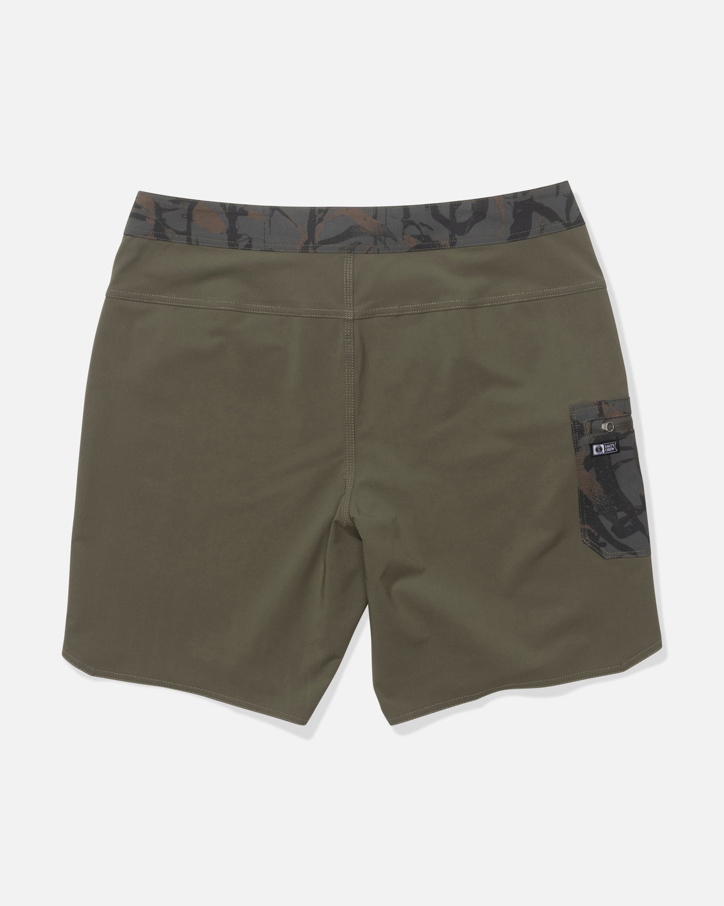 Back view of the Salty Crew Session Boardshort in Dusty Olive, featuring a dark camo waistband, single side pocket with tag and button, and made from 4-way stretch, quick-dry fabric.
