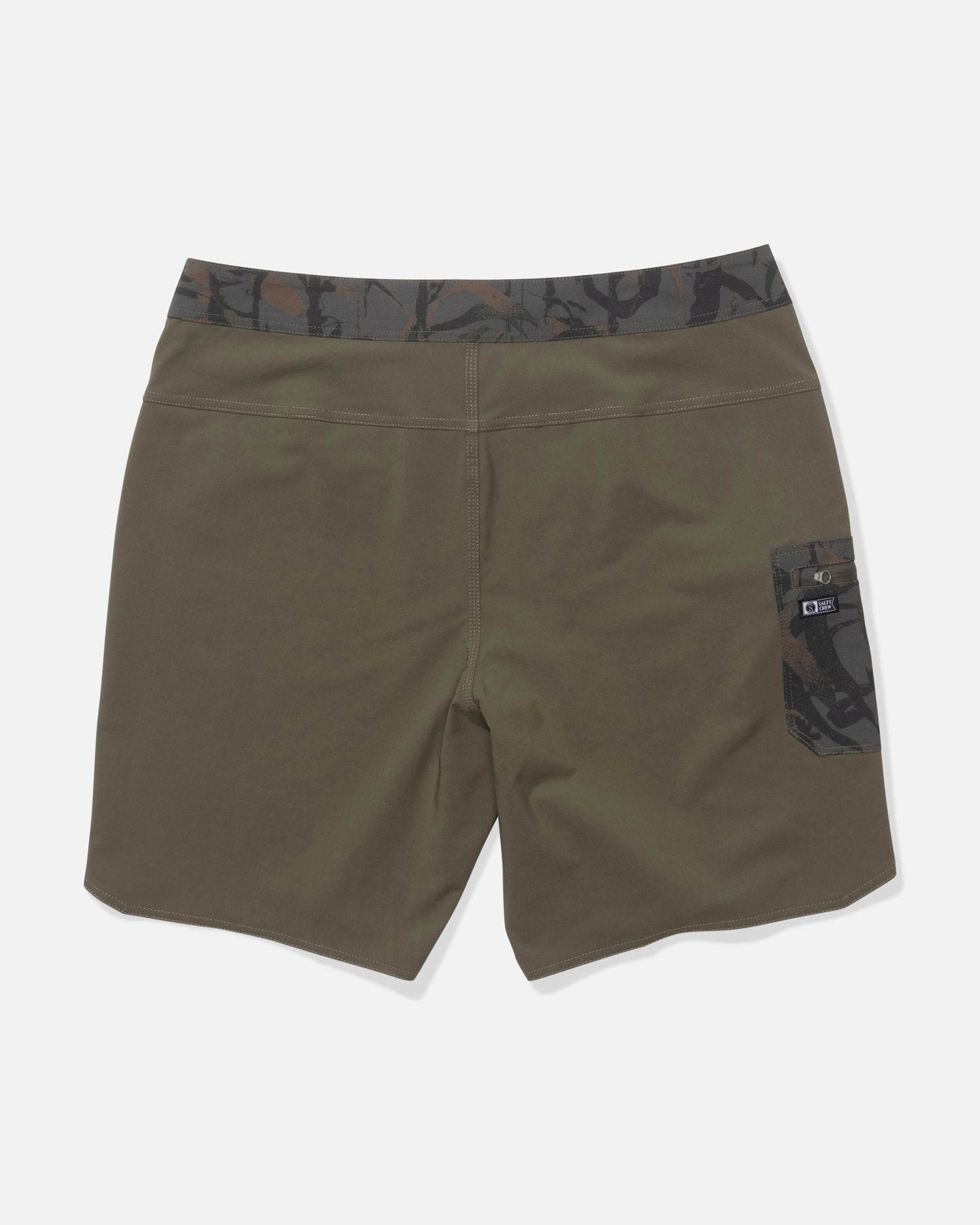 Back view of the Salty Crew Session Boardshort in Dusty Olive, featuring a dark camo waistband, single side pocket with tag and button, and made from 4-way stretch, quick-dry fabric.