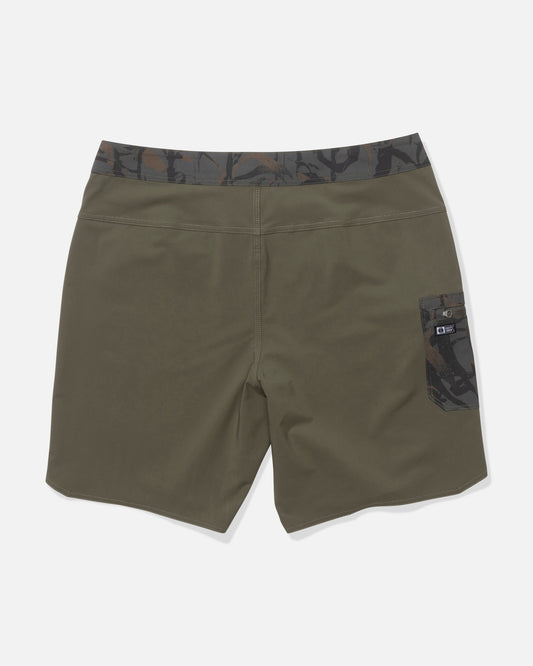 The Salty Crew Session 19" Boardshort in Dusty Olive features a camouflage waistband and matching back pocket, made with quick-dry performance fabric, shown on a plain white background.