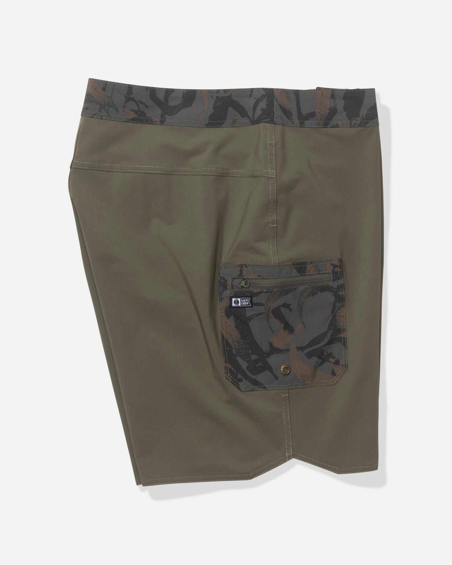 The Salty Crew Session Boardshort in Dusty Olive features a camouflage waistband and back pocket, 4-way stretch fabric, buttoned pocket with logo tag, all shown against a white background.