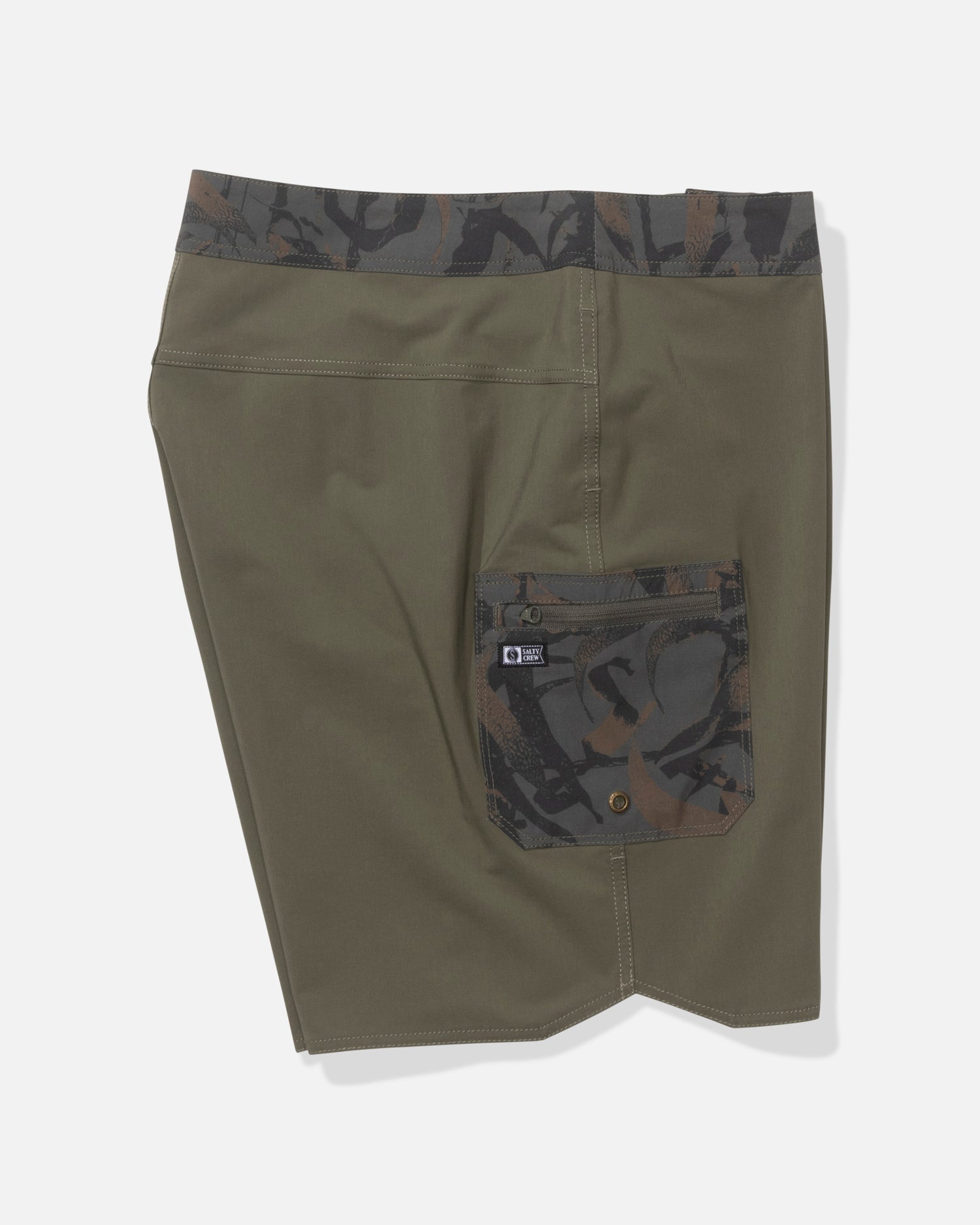 The Salty Crew Session Boardshort in Dusty Olive features a camouflage waistband and back pocket, 4-way stretch fabric, buttoned pocket with logo tag, all shown against a white background.