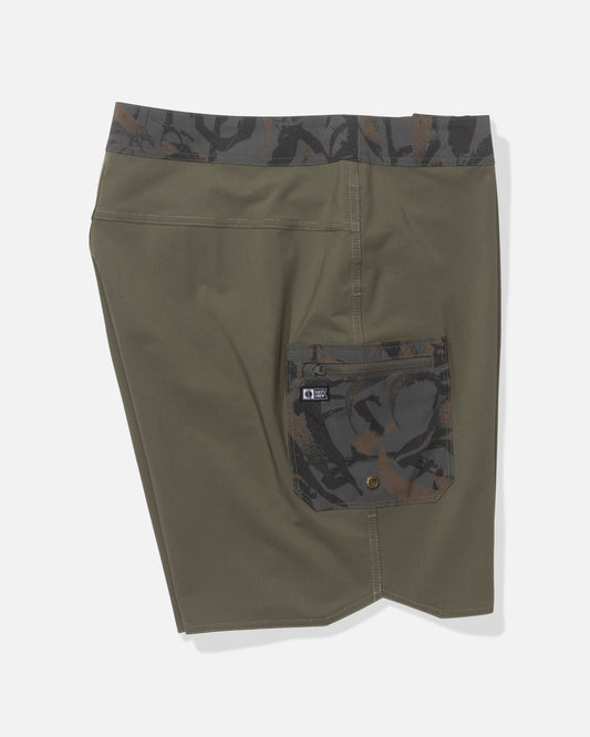 The Salty Crew Session 19" Boardshort in Dusty Olive features a camo-print waistband and back pocket, 4-way stretch fabric for comfort, and quick-dry technology. Pictured on a white background.