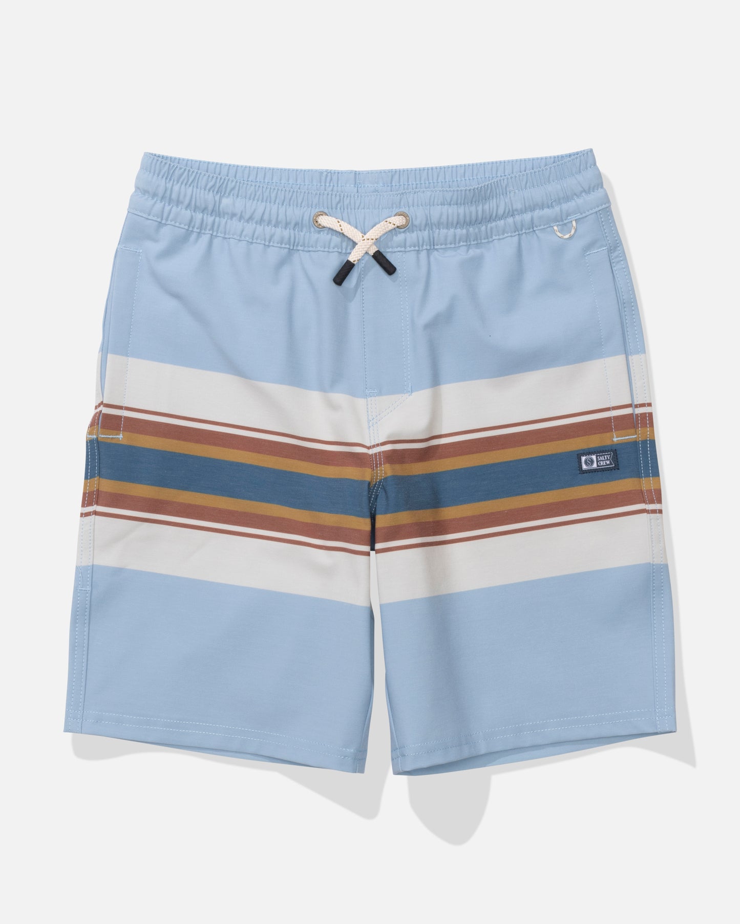 Front view of the Crew 16" Boys Stripe Volley - Coast Blue. 