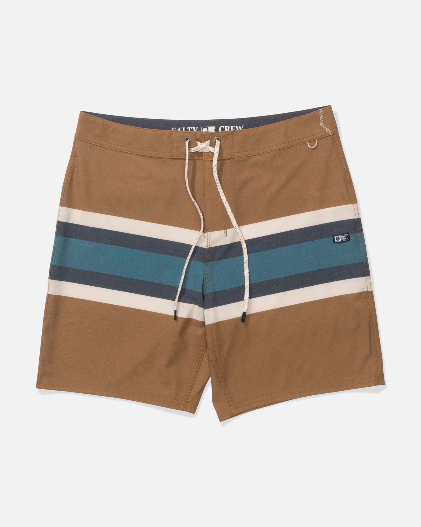 The Salty Crew Crew 19" Stripe Boardshort in Bronze Brown features white drawstrings, horizontal teal, navy, and cream stripes on the thighs, a straight leg fit, comfort fabric, and a small logo patch on the left leg. Shorts shown laid flat.