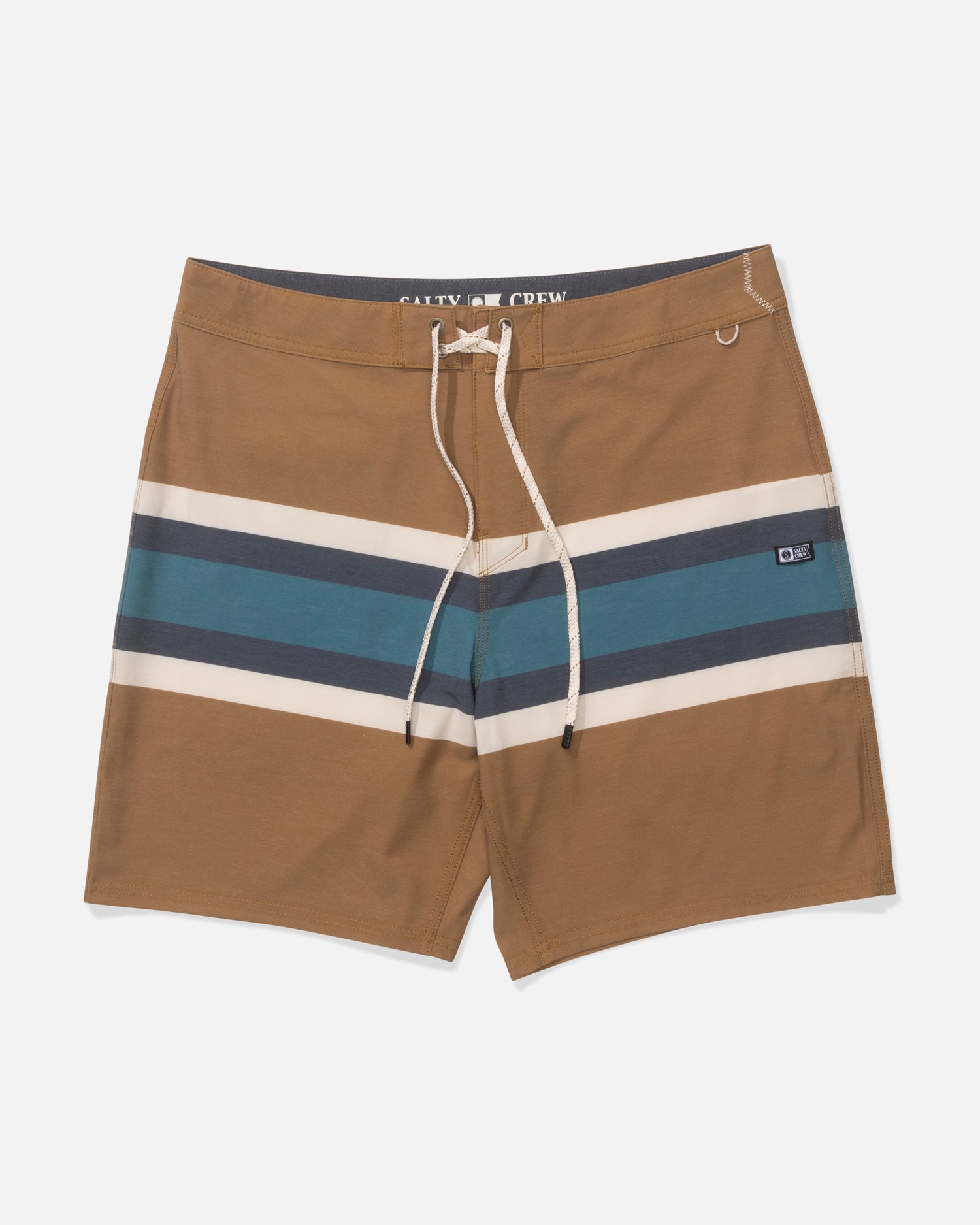 The Salty Crew Crew 19" Stripe Boardshort in Bronze Brown features white drawstrings, horizontal teal, navy, and cream stripes on the thighs, a straight leg fit, comfort fabric, and a small logo patch on the left leg. Shorts shown laid flat.