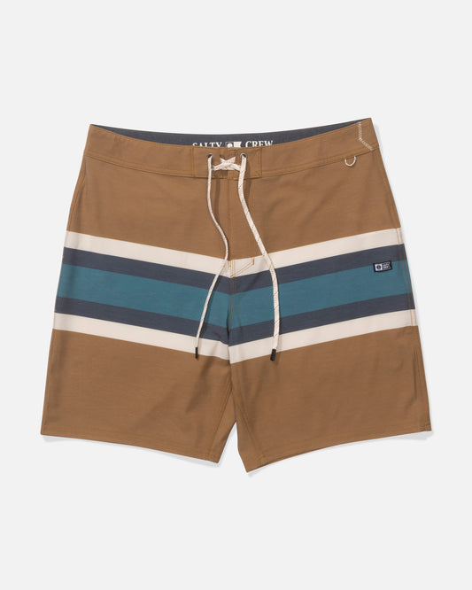 The Salty Crew Crew Stripe Boardshort in Bronze Brown features white drawstring, teal, navy, and white horizontal stripes, 4-way stretch comfort fabric, a black logo patch, and a discreet key loop near the waistband.
