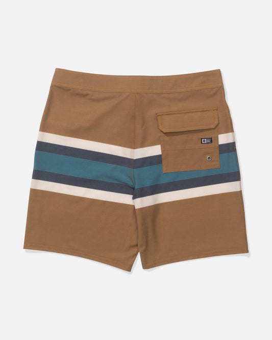 The Salty Crew Crew 19" Stripe Boardshort in Bronze Brown features horizontal white, navy, and teal stripes, a straight-leg fit, comfort fabric, and a right-side back pocket with flap and button closure. Shown on plain white background.