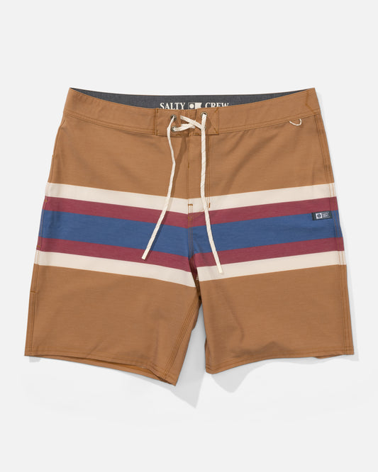 Front view of the Crew Stripe Boardshort - Bone Brown. 