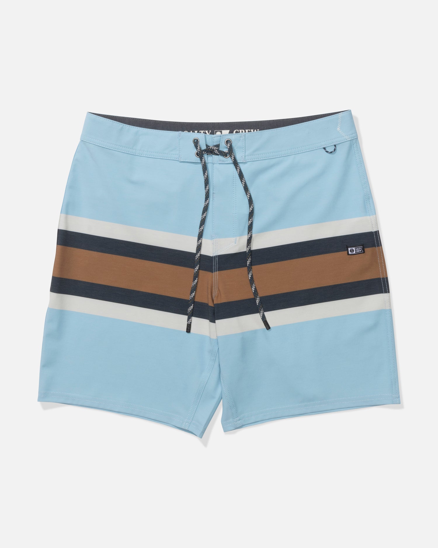 The Salty Crew Crew 19" Stripe Boardshort in Clear Sky features a straight leg fit, white, brown, and black diagonal stripes, a drawstring waistband, comfort fabric, and a small logo patch by the right leg opening.