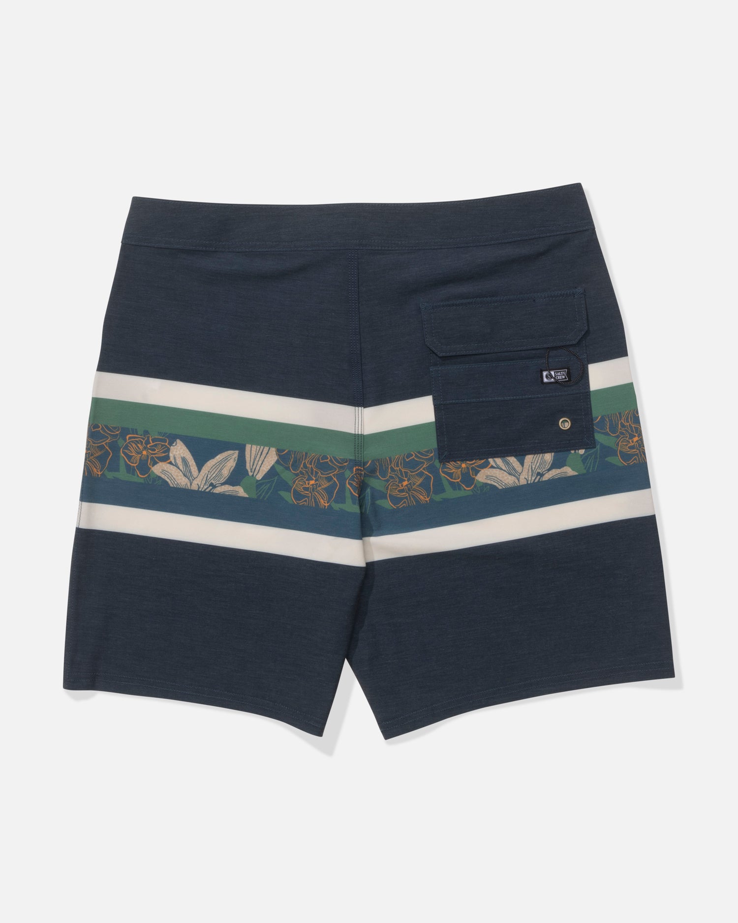 The Salty Crew Crew 19" Stripe Boardshort in Cast Blue features horizontal white, green, and floral stripes, comfort fabric, a straight leg fit, and a buttoned flap pocket on the right waistband.