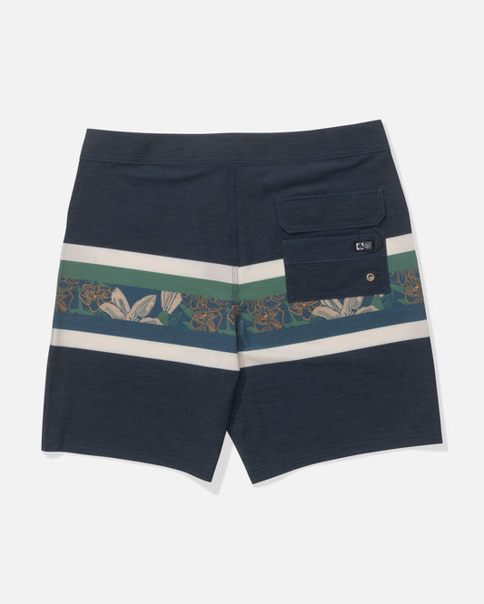 The Salty Crew Crew 19" Stripe Boardshort in Cast Blue features horizontal white, green, and floral stripes, comfort fabric, a straight leg fit, and a buttoned flap pocket on the right waistband.