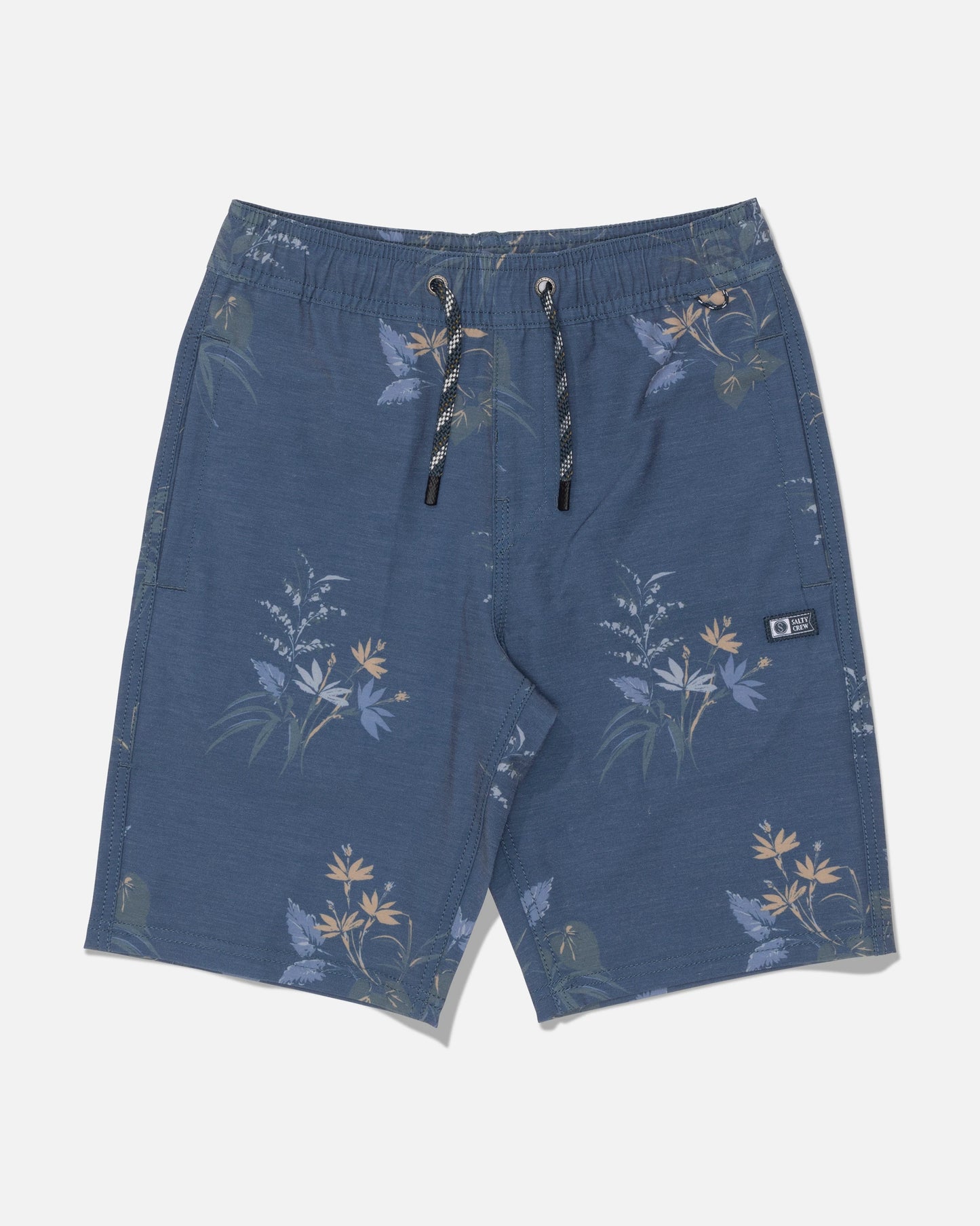 Salty Crew’s Crew 16″ Boys Volley shorts in mid blue, featuring a blue floral pattern, straight-leg cut, and crafted from recycled polyester with a black drawstring and a small rectangular logo patch on the left leg, displayed flat on a white background.