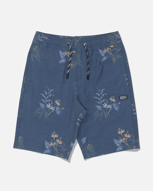 Salty Crew’s Crew 16″ Boys Volley shorts in mid blue, featuring a blue floral pattern, straight-leg cut, and crafted from recycled polyester with a black drawstring and a small rectangular logo patch on the left leg, displayed flat on a white background.