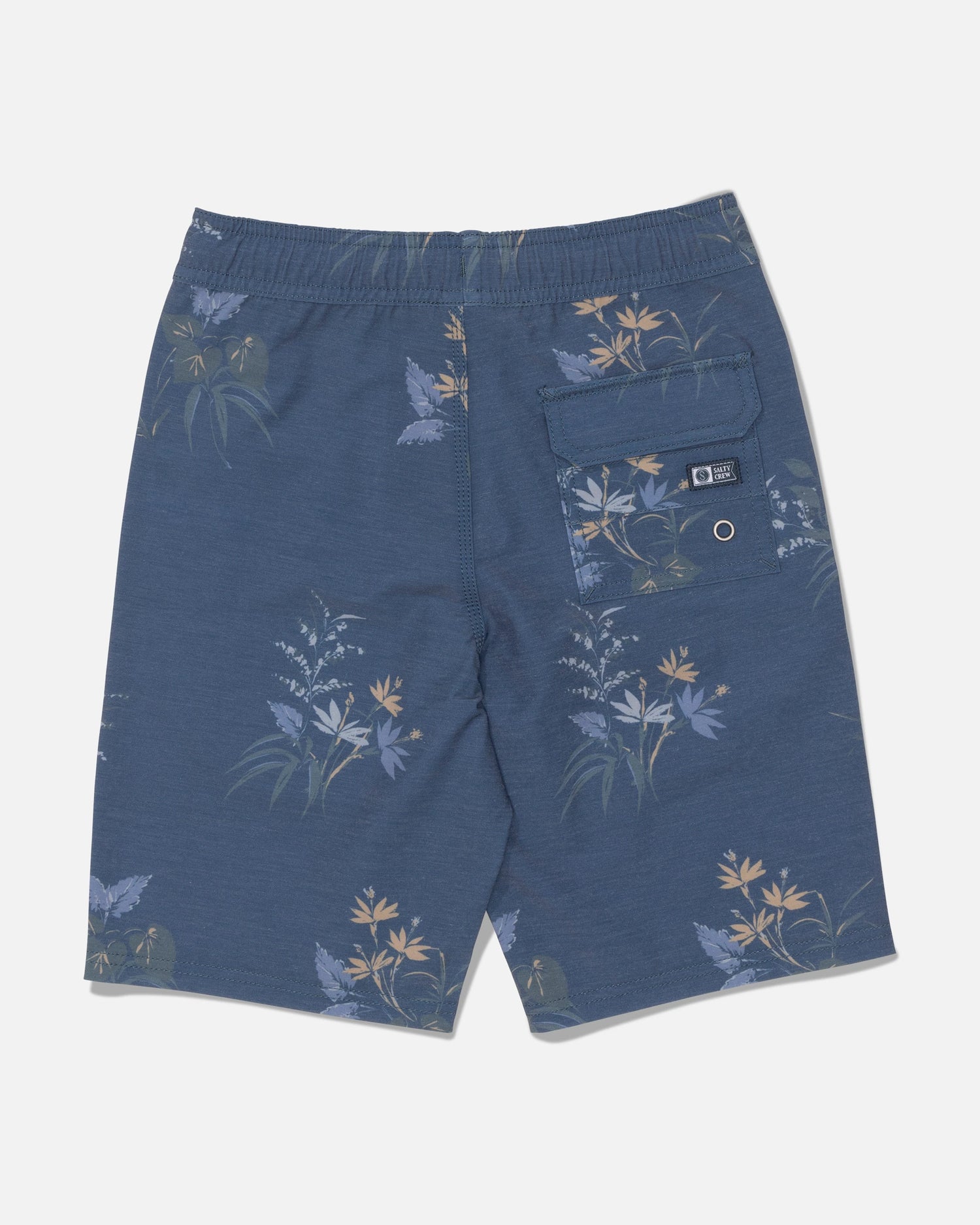 Salty Crew’s Crew 16″ Boys Volley in Mid Blue are straight leg swim shorts crafted from recycled polyester with 4-way stretch for ultimate comfort. Featuring a subtle tropical leaf and flower pattern, these trunks include a single back pocket on the right side finished with a small rectangular Salty Crew brand label on the pocket flap.
