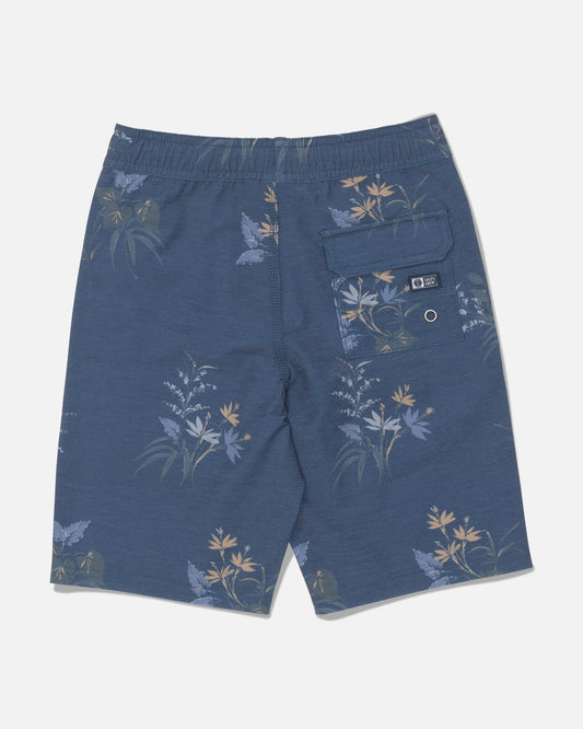 Salty Crew’s Crew 16″ Boys Volley in Mid Blue are straight leg swim shorts crafted from recycled polyester with 4-way stretch for ultimate comfort. Featuring a subtle tropical leaf and flower pattern, these trunks include a single back pocket on the right side finished with a small rectangular Salty Crew brand label on the pocket flap.