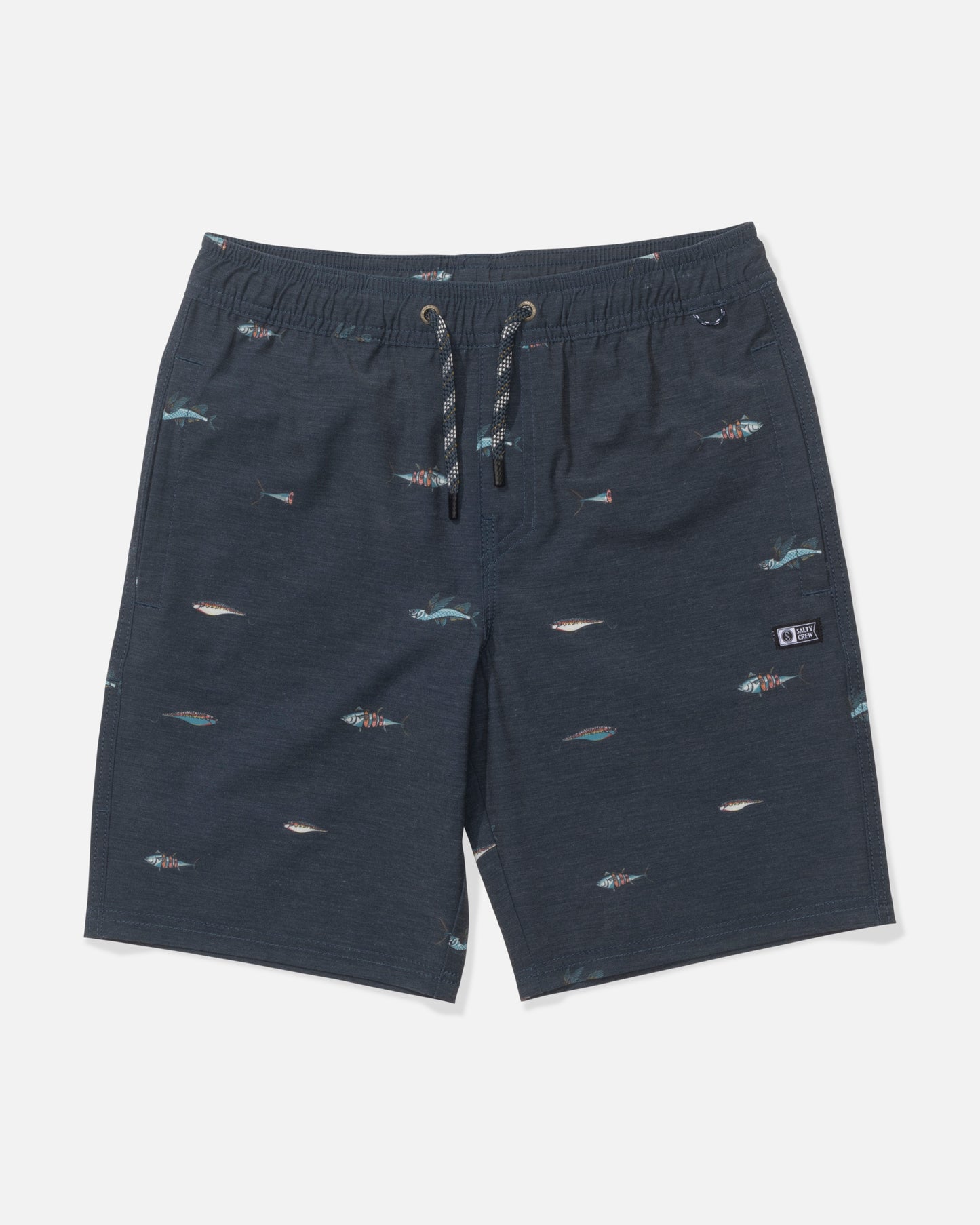 The Salty Crew Crew Boys Volley swim shorts in Midnight Navy feature a subtle fish pattern, straight-leg elastic waistband with drawstring, and a small black logo patch for comfort and style.