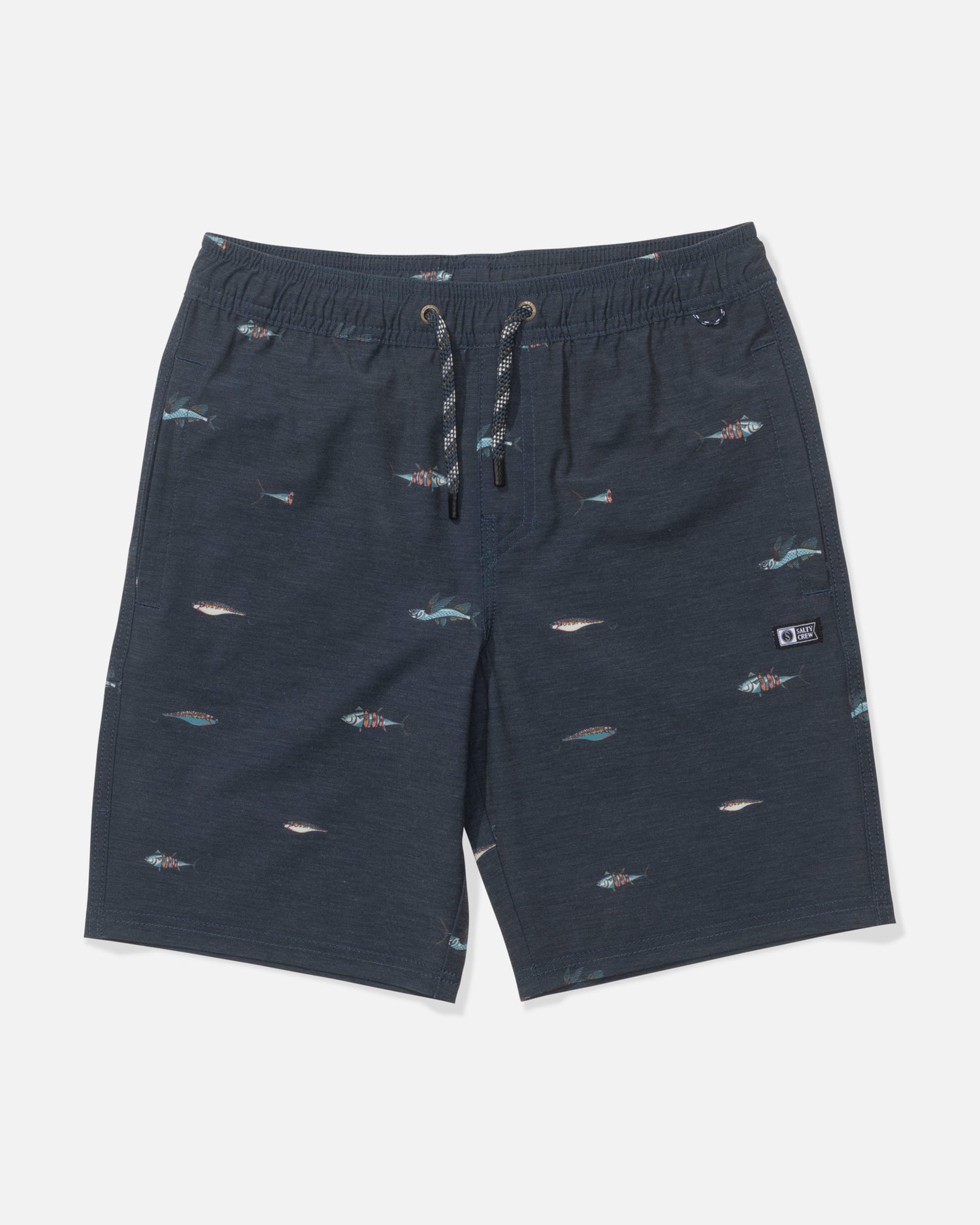 The Salty Crew Crew Boys Volley swim shorts in Midnight Navy feature a subtle fish pattern, straight-leg elastic waistband with drawstring, and a small black logo patch for comfort and style.