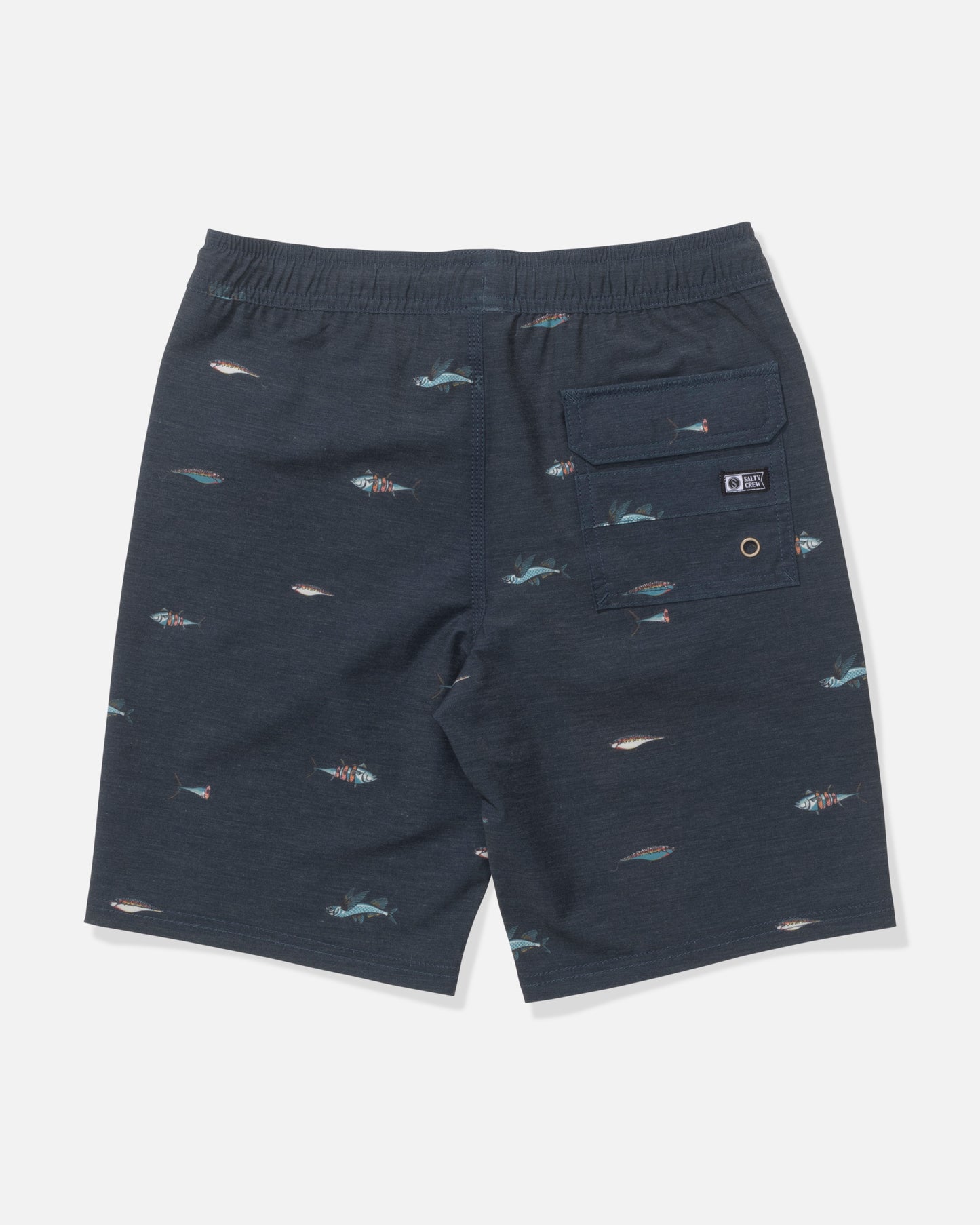 The Salty Crew Boys Volley - Midnight Navy swim shorts feature a fish pattern, straight leg, elastic waistband, and right back pocket with button flap. Made from 4-way stretch fabric, they are shown laid flat on a white background.