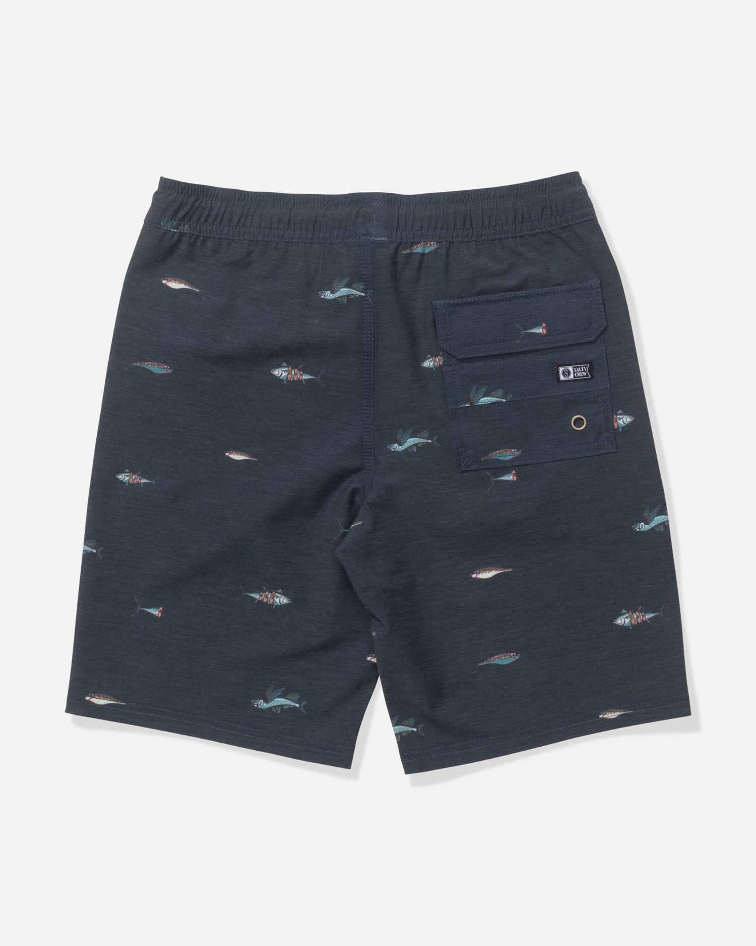 The Salty Crew Boys Volley - Midnight Navy swim shorts feature a fish pattern, straight leg, elastic waistband, and right back pocket with button flap. Made from 4-way stretch fabric, they are shown laid flat on a white background.