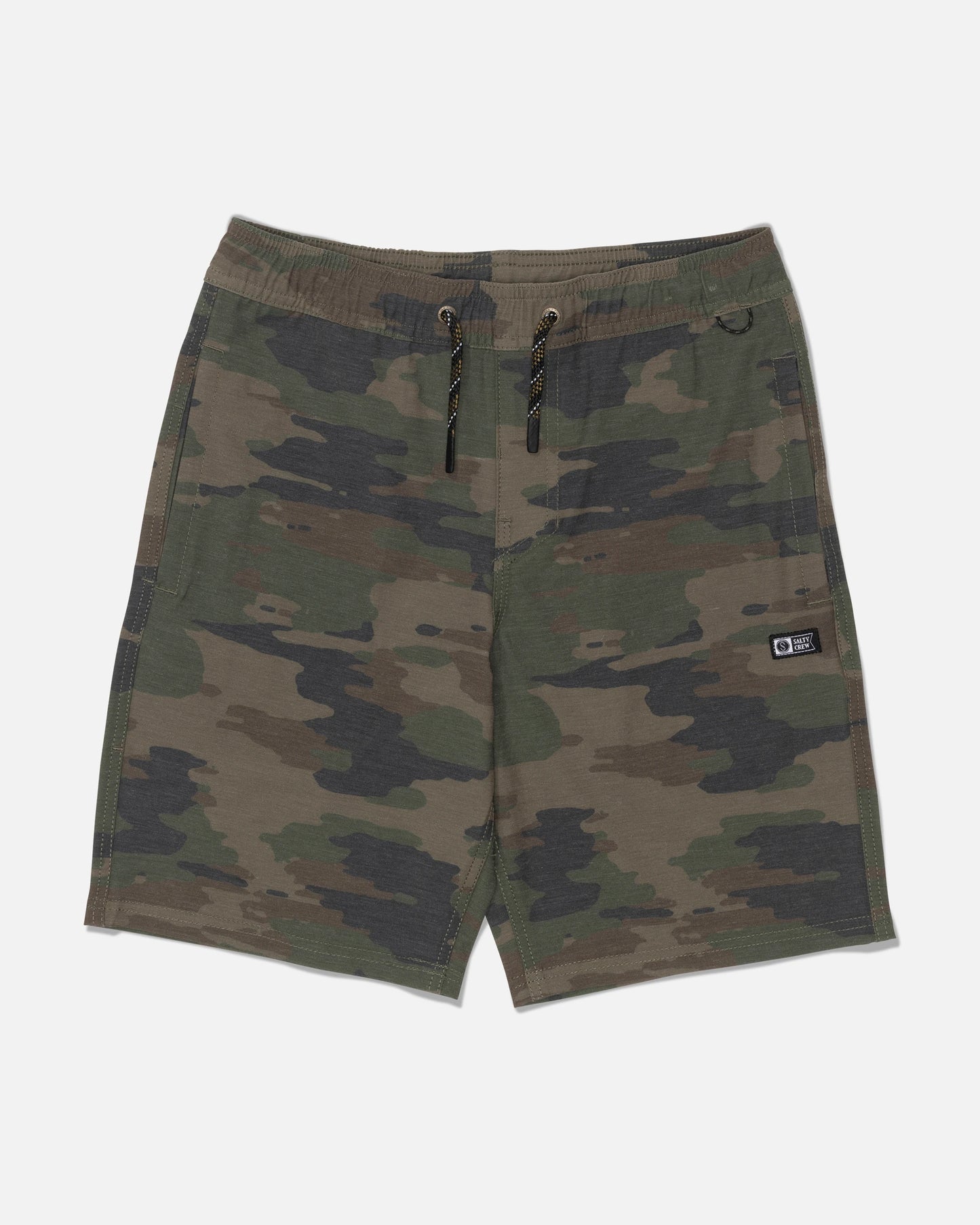 Introducing the Salty Crew Crew 16″ Boys Volley - Ranger shorts: a pair of green, brown, and black camouflage pattern shorts made from recycled polyester, featuring a 4-way stretch for superior comfort and movement. These shorts are designed with an elastic waistband, a black drawstring, and a small rectangular Salty Crew logo patch on the left leg.