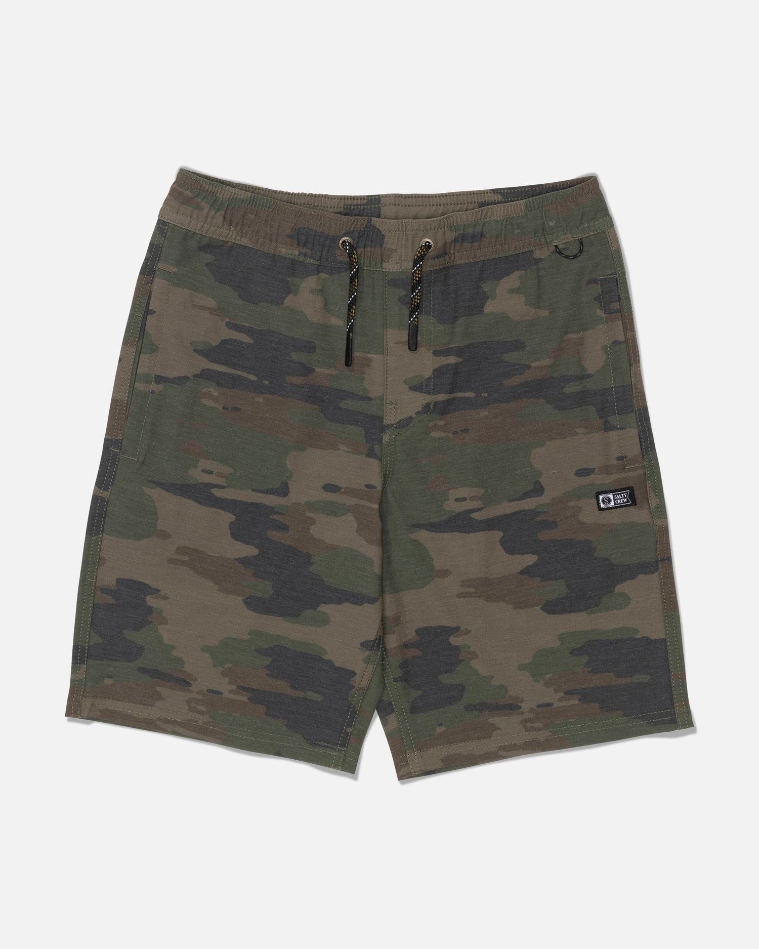Introducing the Salty Crew Crew 16″ Boys Volley - Ranger shorts: a pair of green, brown, and black camouflage pattern shorts made from recycled polyester, featuring a 4-way stretch for superior comfort and movement. These shorts are designed with an elastic waistband, a black drawstring, and a small rectangular Salty Crew logo patch on the left leg.