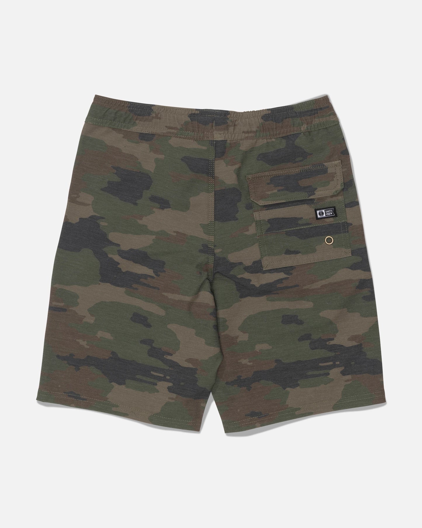 Salty Crew’s Crew 16″ Boys Volley - Ranger shorts feature a camouflage pattern and a comfortable elastic waistband, made from recycled polyester with 4-way stretch for enhanced comfort. Details include a right back pocket with a small black patch label above it.