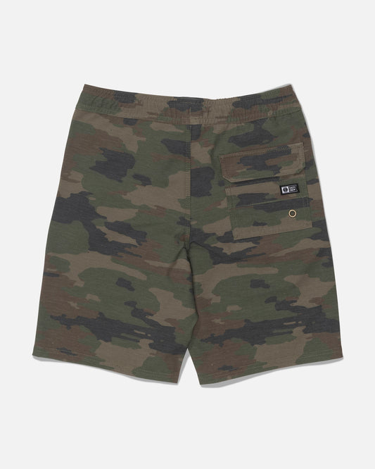 Salty Crew’s Crew 16″ Boys Volley - Ranger shorts feature a camouflage pattern and a comfortable elastic waistband, made from recycled polyester with 4-way stretch for enhanced comfort. Details include a right back pocket with a small black patch label above it.
