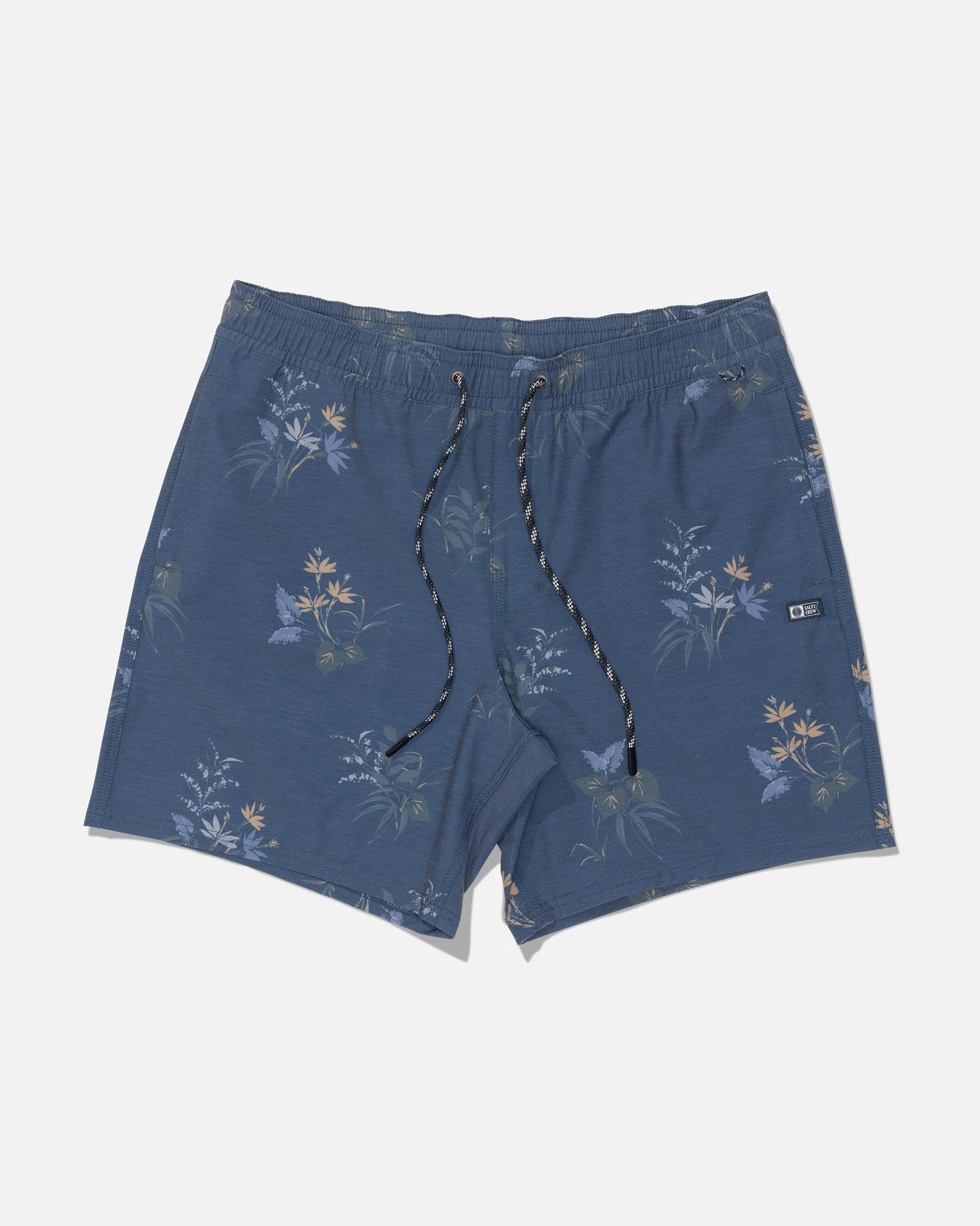 Introducing the Salty Crew Crew Volley 17″ swim shorts in Mid Blue, featuring a subtle floral print and crafted from recycled polyester for an eco-conscious choice. Designed with a black-and-white drawstring, small side logo tag, and a classic straight leg silhouette, these shorts are displayed laid flat on a white background.