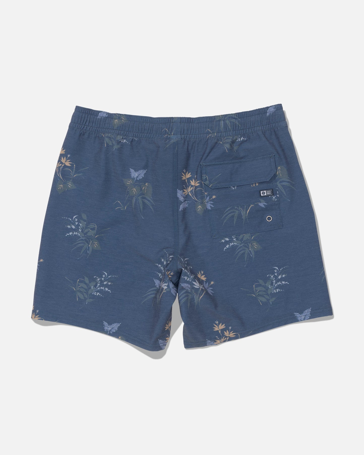 Introducing the Salty Crew “Crew Volley 17” - Mid Blue shorts: these straight leg shorts showcase a subtle tropical floral and butterfly print, complete with an elastic waistband and a buttoned flap back pocket. Made from recycled polyester with 4-way stretch for superior comfort and flexibility, the shorts are displayed flat against a white background.