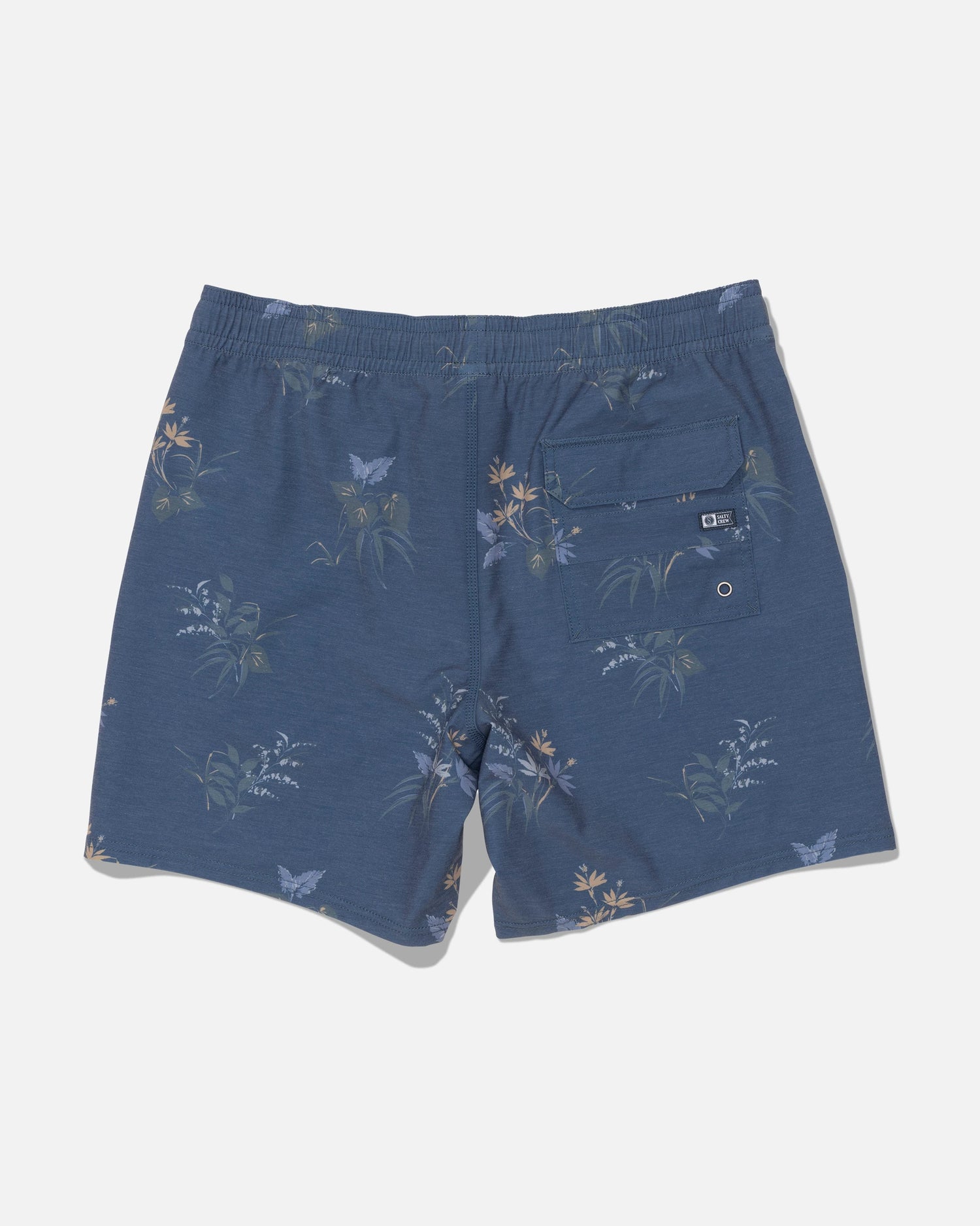 Introducing the Salty Crew “Crew Volley 17” - Mid Blue shorts: these straight leg shorts showcase a subtle tropical floral and butterfly print, complete with an elastic waistband and a buttoned flap back pocket. Made from recycled polyester with 4-way stretch for superior comfort and flexibility, the shorts are displayed flat against a white background.