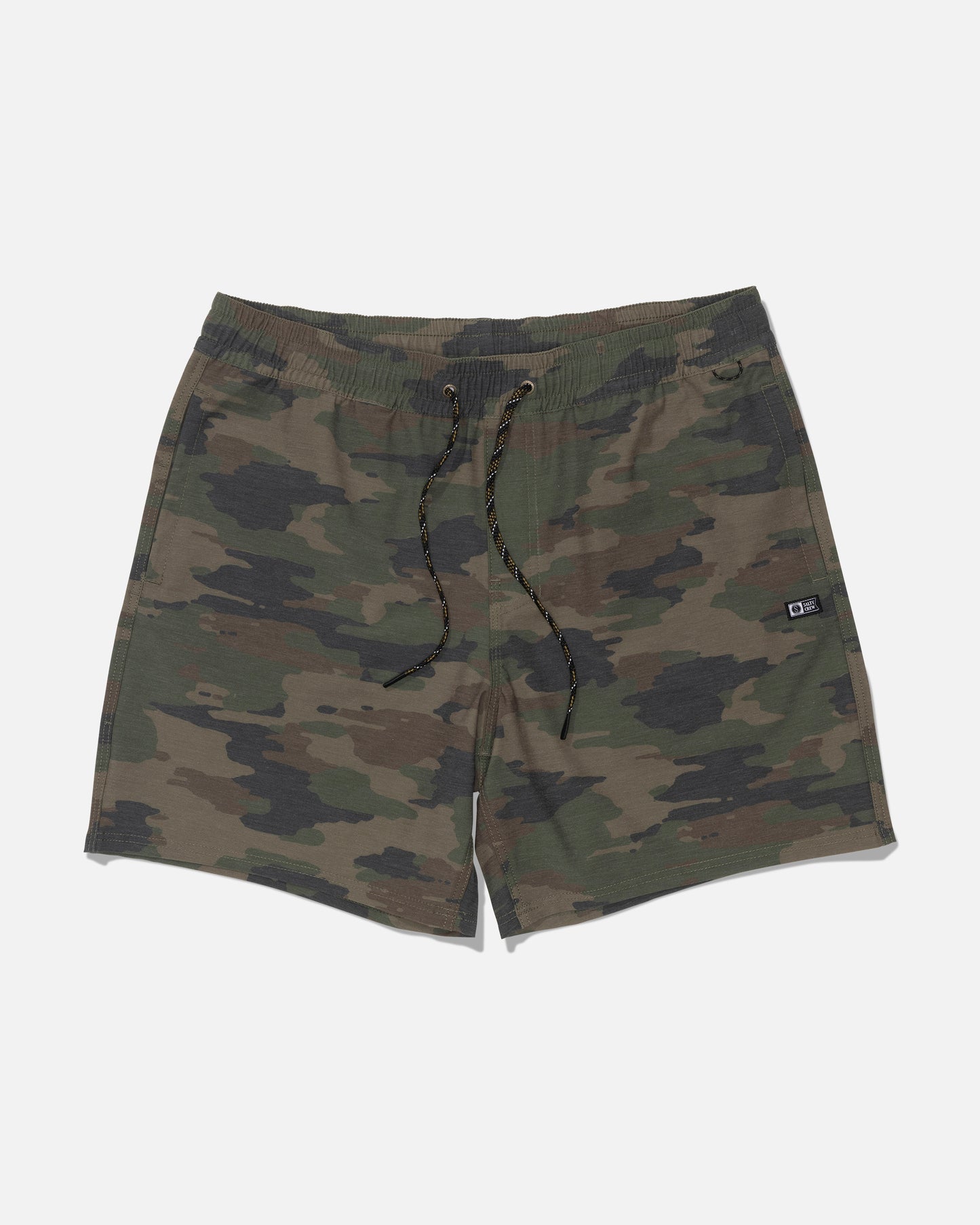 The Salty Crew Crew Volley 17″ - Ranger shorts feature a green and brown camouflage pattern with straight legs, a black and yellow drawstring, an elastic waistband, and a small rectangular logo patch on the left side. Crafted from recycled polyester with 4-way stretch for improved comfort and mobility, these shorts are displayed laid flat on a plain white background.