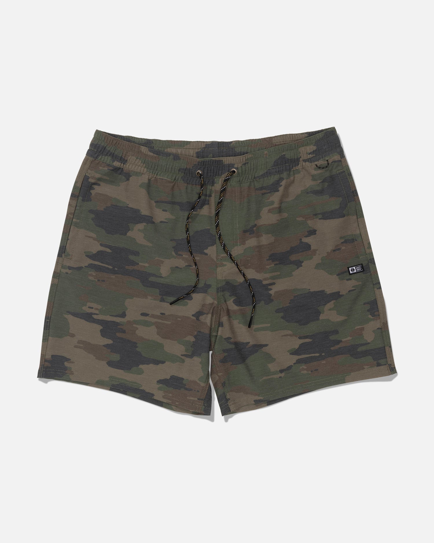 The Salty Crew Crew Volley 17″ - Ranger shorts feature a green and brown camouflage pattern with straight legs, a black and yellow drawstring, an elastic waistband, and a small rectangular logo patch on the left side. Crafted from recycled polyester with 4-way stretch for improved comfort and mobility, these shorts are displayed laid flat on a plain white background.