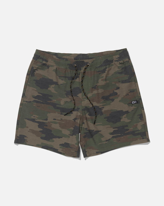 The Salty Crew Crew Volley 17″ - Ranger shorts feature a green and brown camouflage pattern with straight legs, a black and yellow drawstring, an elastic waistband, and a small rectangular logo patch on the left side. Crafted from recycled polyester with 4-way stretch for improved comfort and mobility, these shorts are displayed laid flat on a plain white background.
