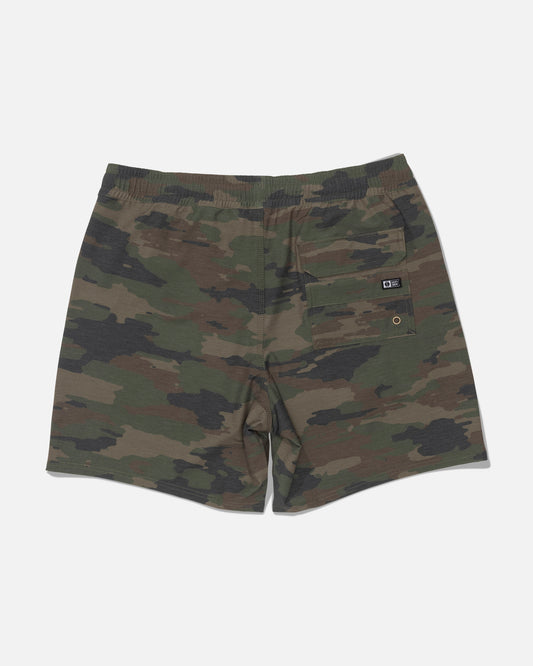 Introducing the Salty Crew Crew Volley 17″ - Ranger shorts: green and brown camouflage straight leg shorts with an elastic waistband, a single back pocket adorned with a small black and white label, made from recycled polyester for comfort and sustainability, showcased against a white background.