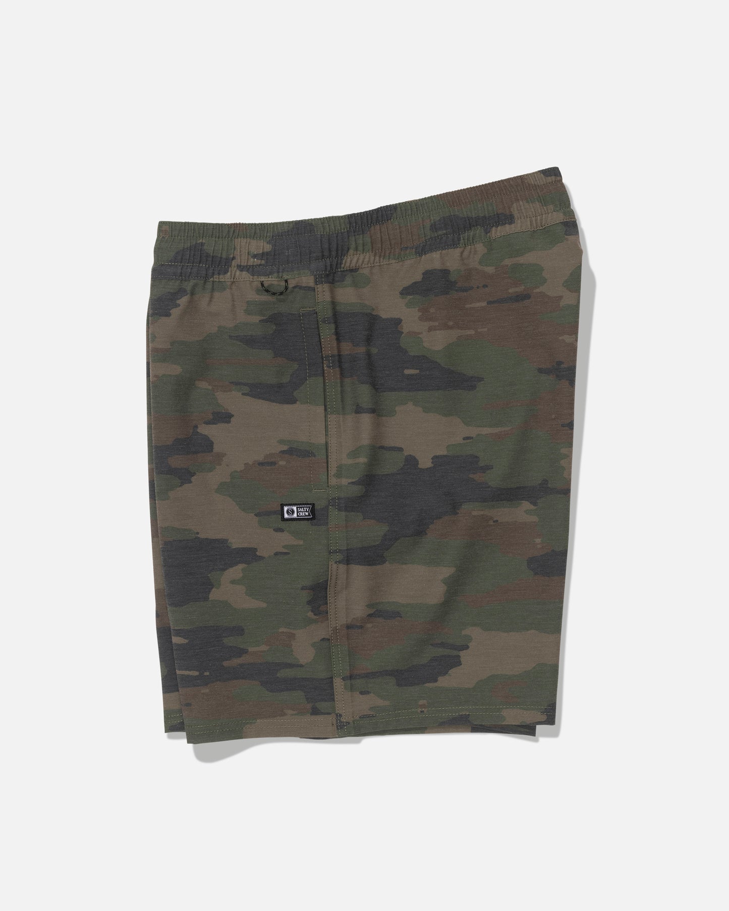 Salty Crew’s Crew Volley 17″ - Ranger shorts feature a camo print in a straight-leg silhouette with an elastic waistband, side pocket, and a small rectangular black patch label on the front. Crafted from 4-way stretch fabric, these shorts are showcased on a flat white background.