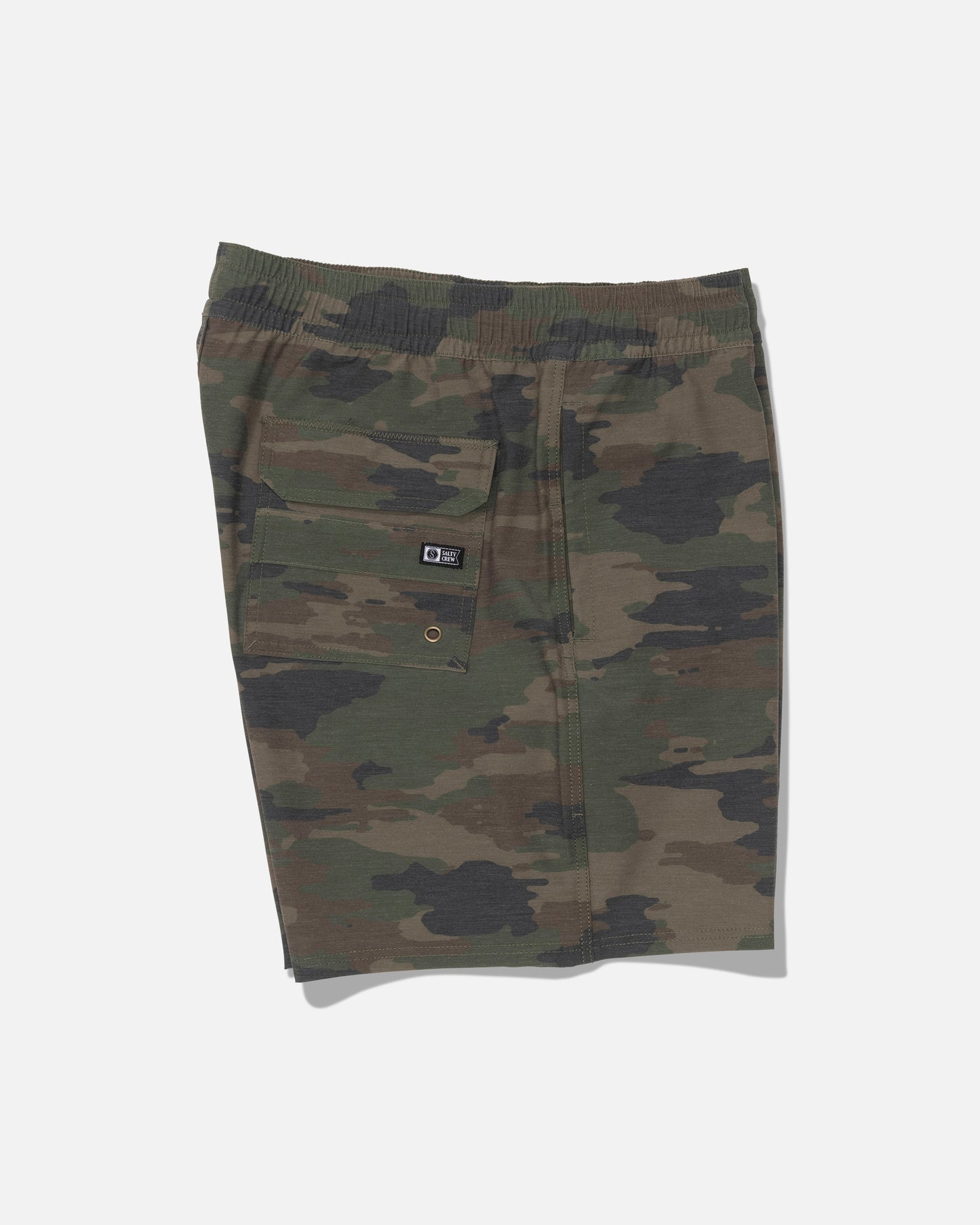 The Salty Crew Crew Volley 17″ - Ranger shorts feature a camo pattern, straight leg fit, elastic waistband, and a side pocket with a small black label and metal eyelet; crafted from recycled polyester for sustainability and shown against a plain white background.