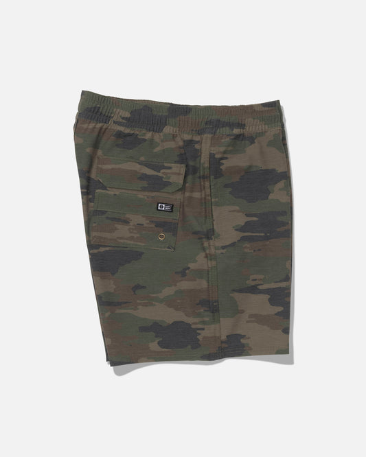The Salty Crew Crew Volley 17″ - Ranger shorts feature a camo pattern, straight leg fit, elastic waistband, and a side pocket with a small black label and metal eyelet; crafted from recycled polyester for sustainability and shown against a plain white background.