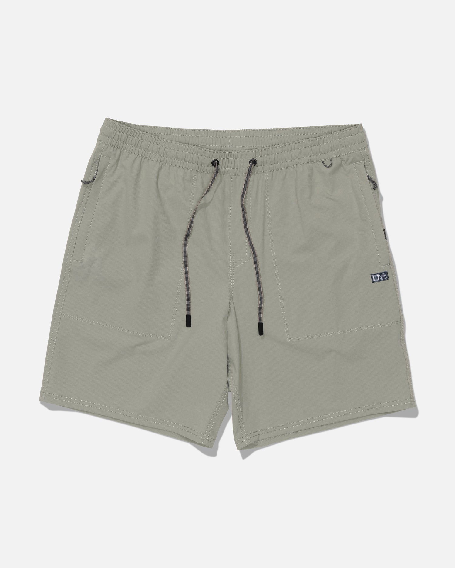 The Salty Crew Crew 18″ Ewaist Boatshort in Aqua Grey is crafted from quick-dry ripstop fabric and features an elastic waistband with black drawstrings, side pockets, and a small black tag on the right side. The shorts are displayed laid flat on a white background.