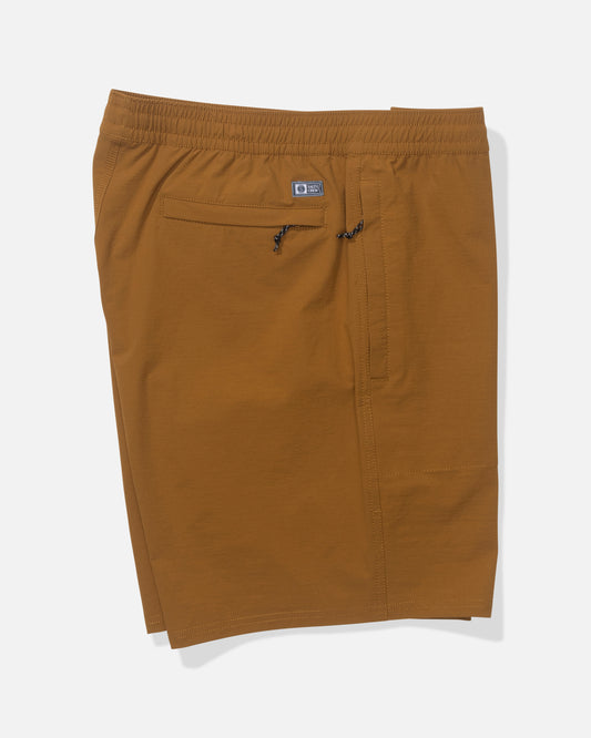 Salty Crew Crew 18" Ewaist Boatshort in Bronze Brown, crafted from quick-dry ripstop fabric with elastic waistband, drawstring, and back zippered pocket, shown laid flat on a white background.