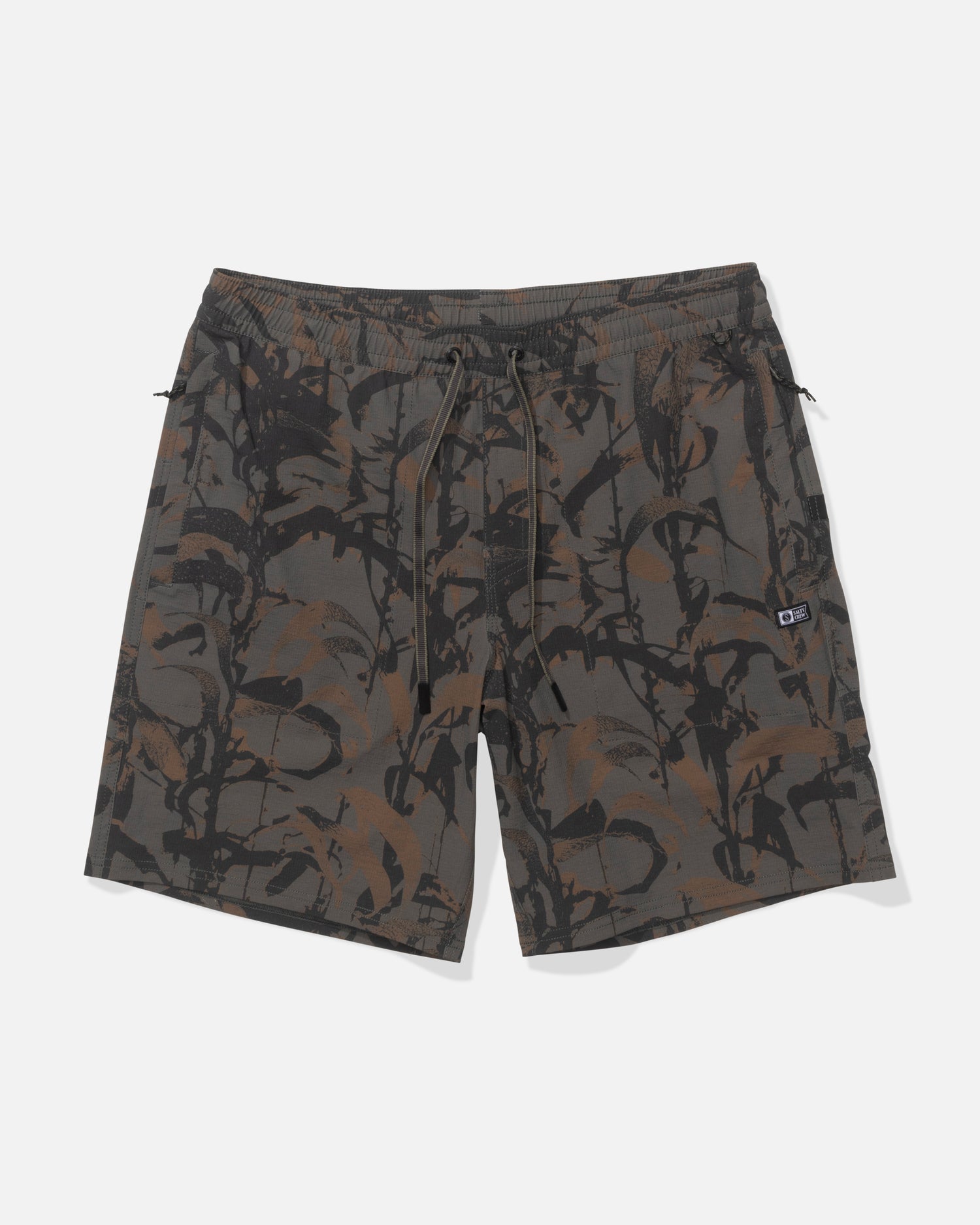 The Salty Crew Crew 18" Ewaist Boatshort in Dark Kelp Camo features an elastic waistband with drawstring, durable ripstop fabric, and a dark brown and black abstract camo pattern, shown against a plain white background.
