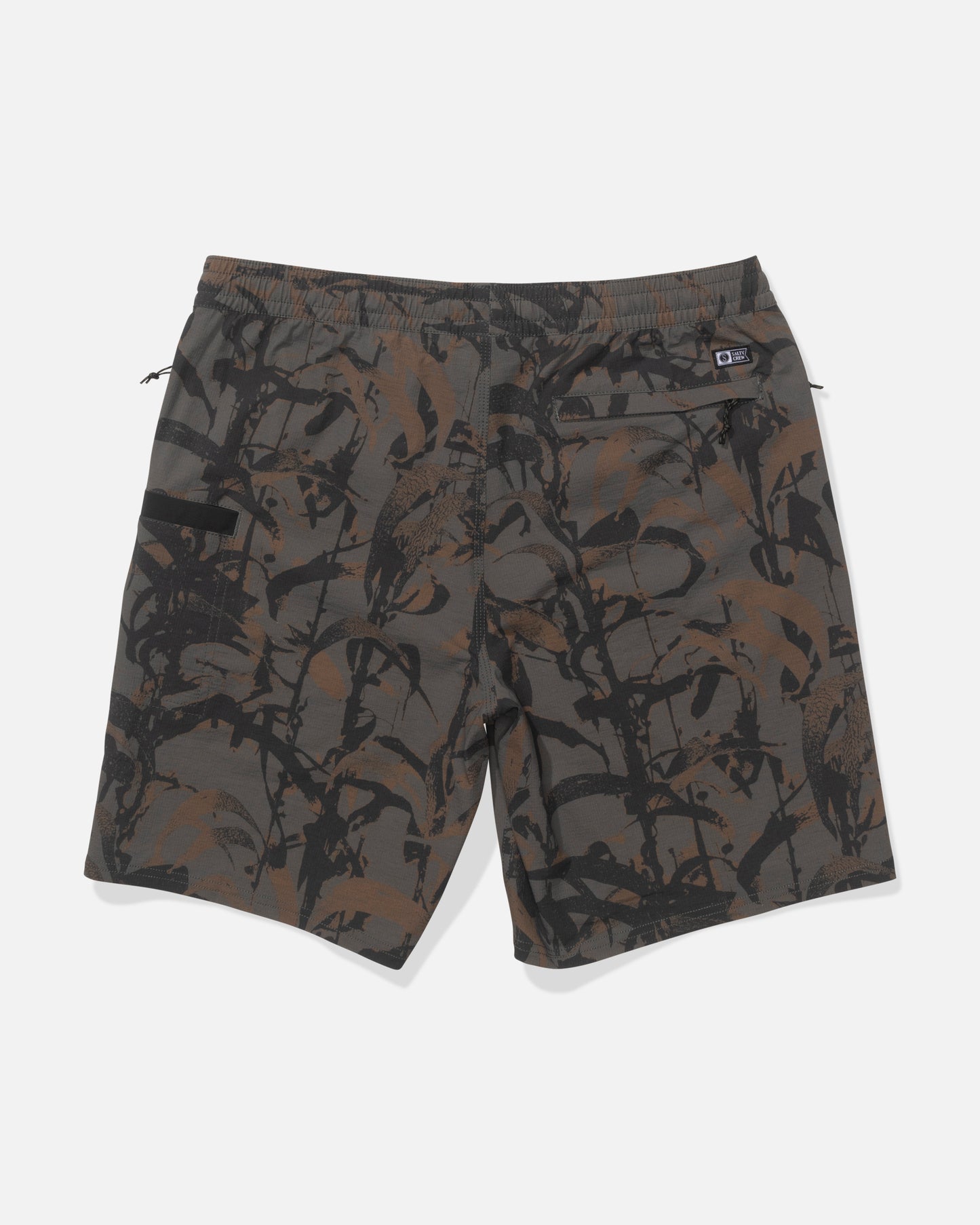 Back view of Salty Crew's Crew 18" Ewaist Boatshort in Dark Kelp Camo, with black and brown camo, elastic waistband, zip pocket, right-side logo tag, and durable ripstop fabric for lasting wear.