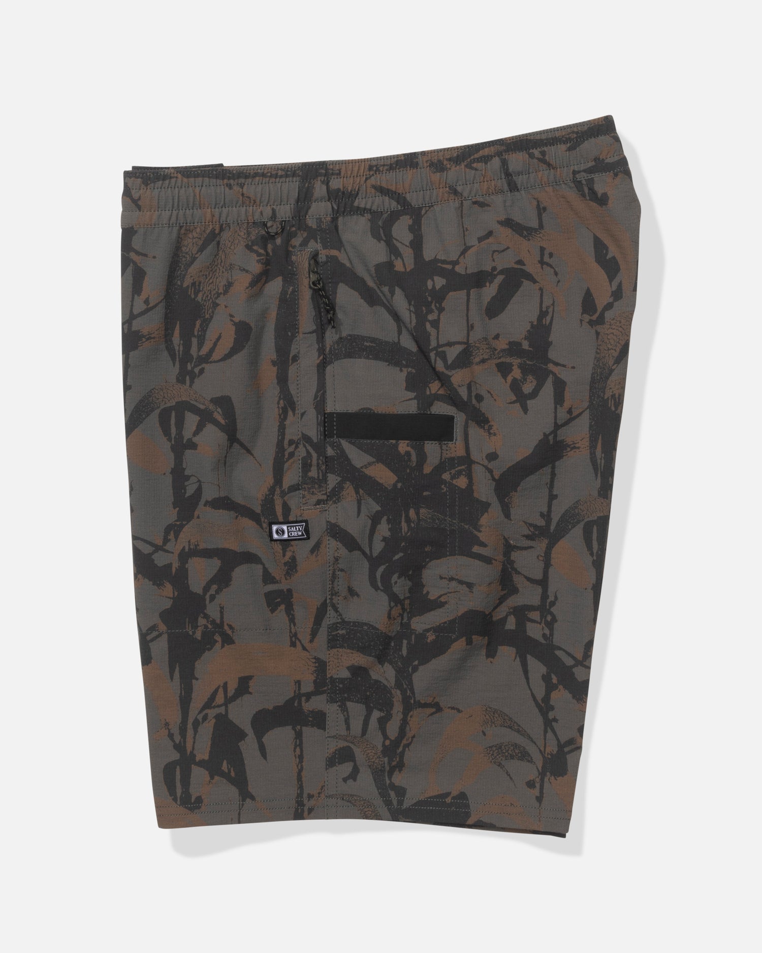The Salty Crew Crew 18" Ewaist Boatshort in Dark Kelp Camo features a brown and black camo pattern, elastic waistband with drawstring, zippered front pocket, and durable ripstop fabric for lasting comfort.