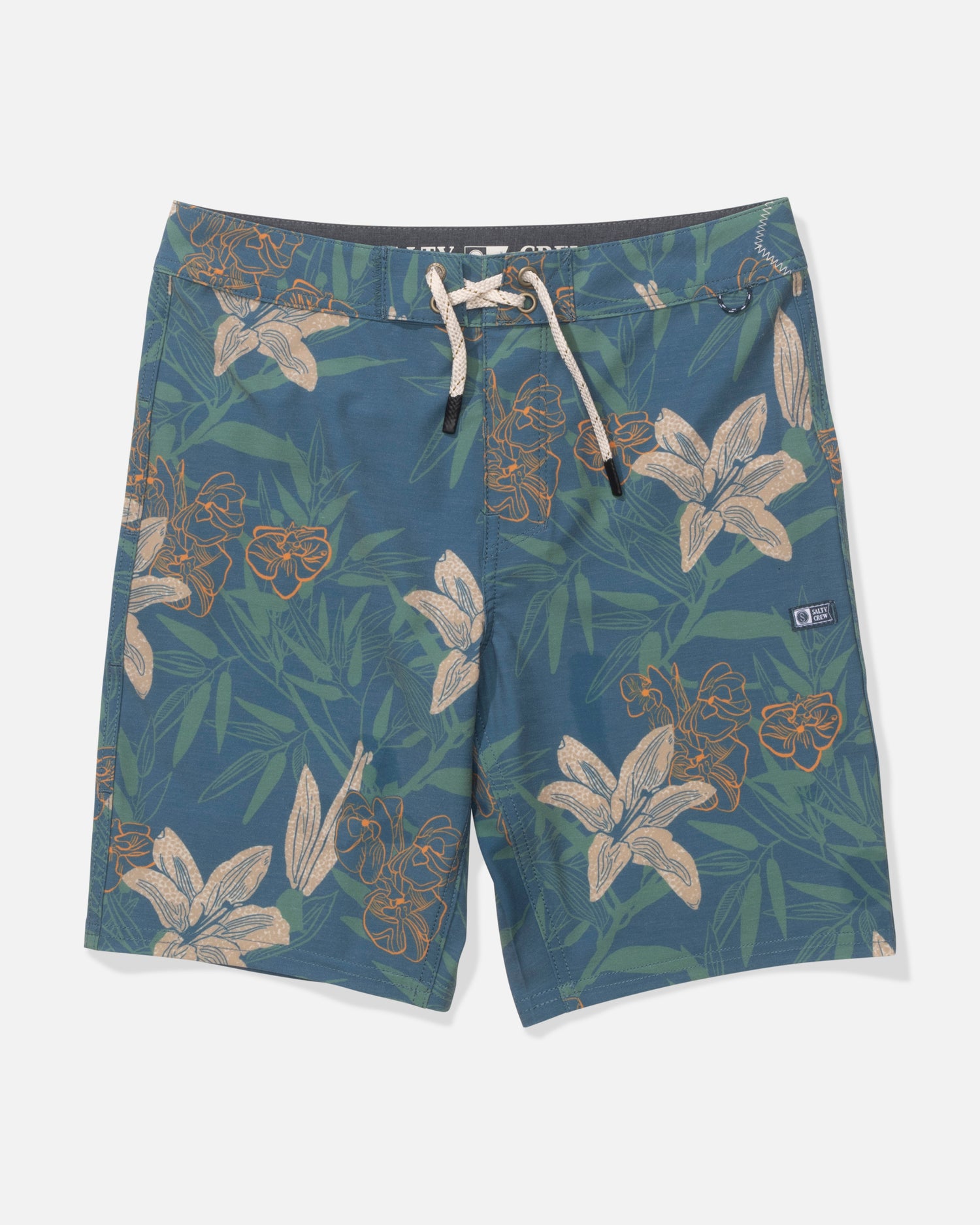 The Salty Crew Boys Boardshort in Cast Blue features a drawstring waist, straight leg fit, and comfort fabric. Designed with a green and tan tropical floral print and a small rectangular logo patch on the left leg, shown laid flat on a white background.